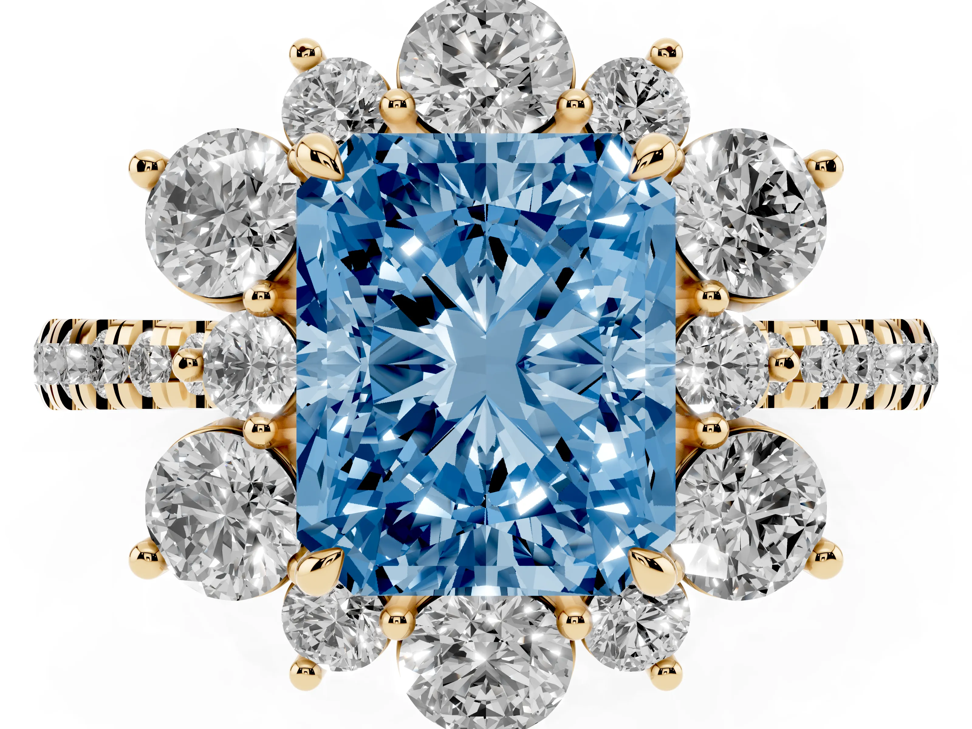 Fancy Blue Radiant Cut Diamond Floral Halo Ring Set in Yellow gold with Round Pavé Band and Prong Setting
