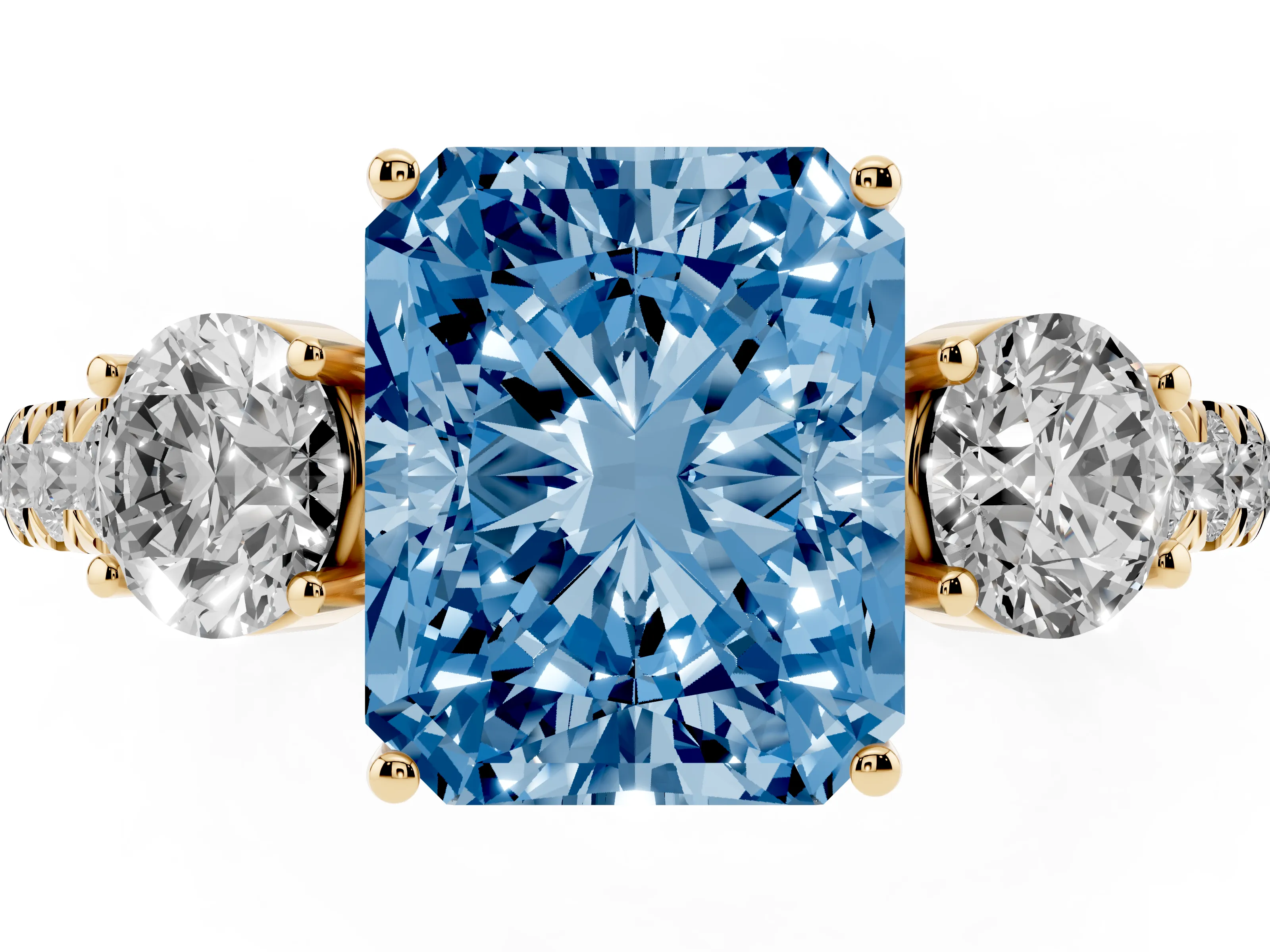 Fancy Blue Radiant Cut Diamond Three-Stone Ring Set in Yellow gold with Round Side Stones and Delicate Pavé Band