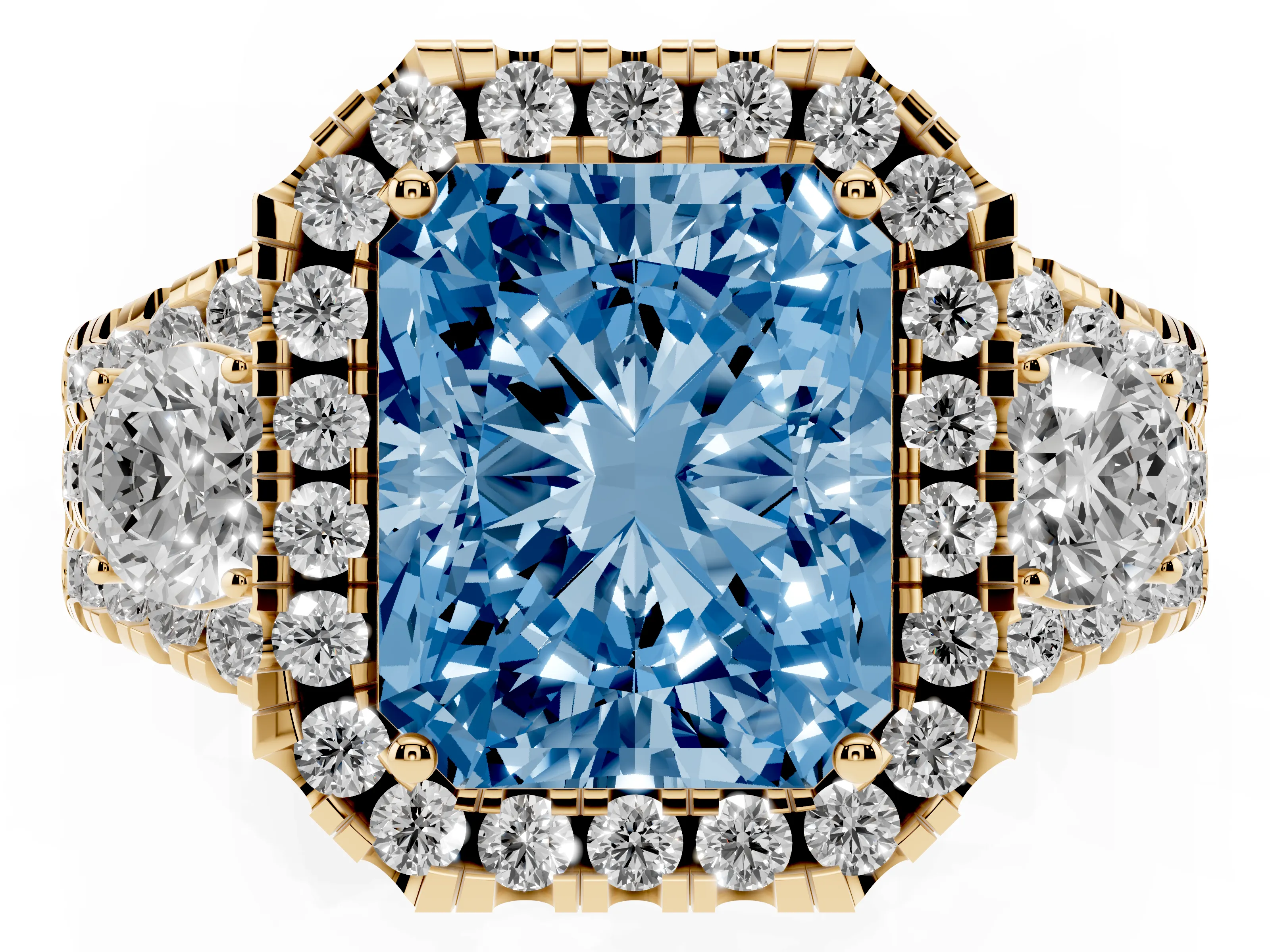 Fancy Blue Radiant Cut Diamond Halo Split Shank Ring Set in Yellow gold with Round Accent Stones and Prong Setting