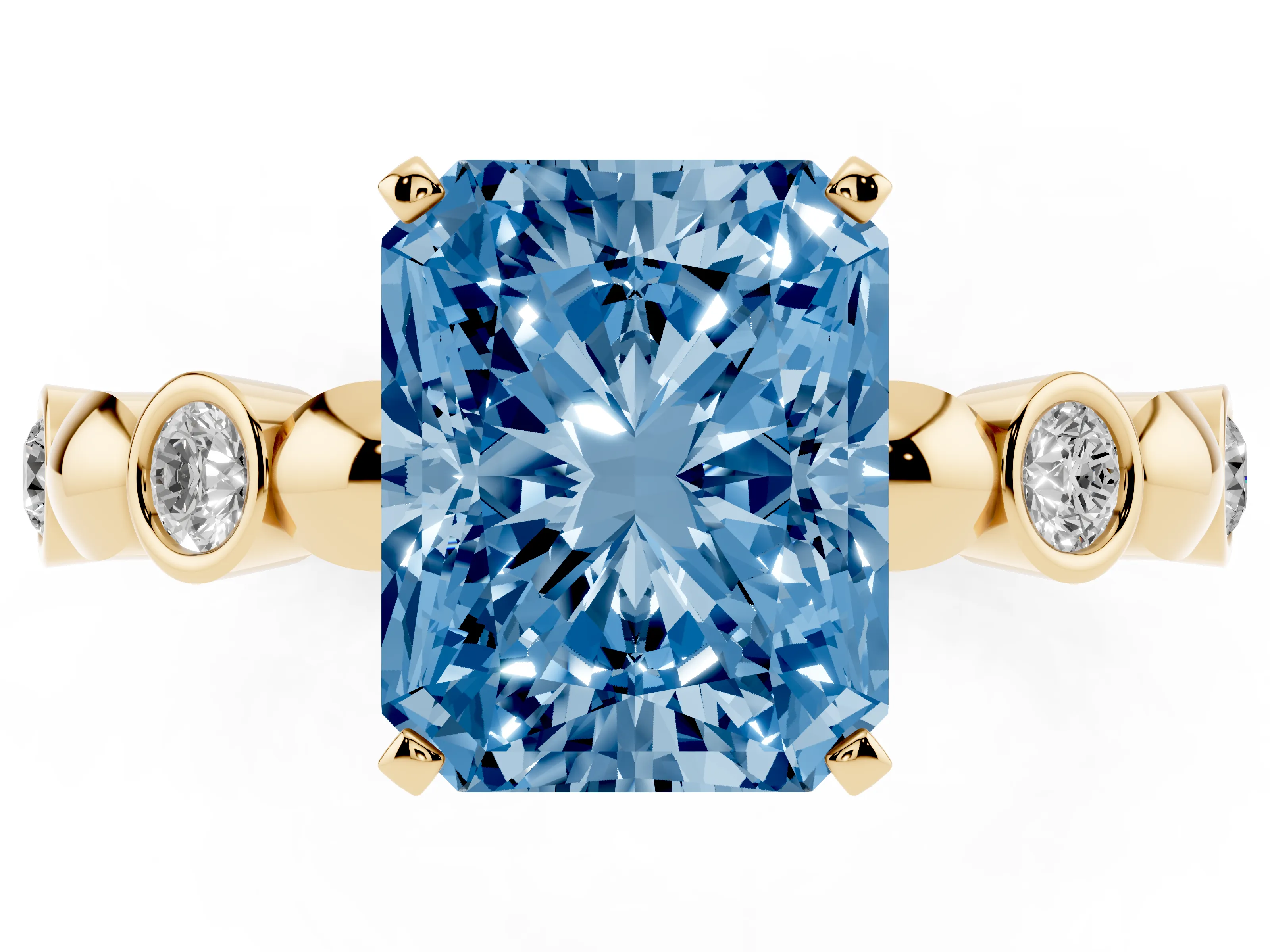 Fancy Blue Radiant Cut Diamond Solitaire Ring Set in Yellow gold with Bezel-Set Accents on Beaded Band and Prong Setting