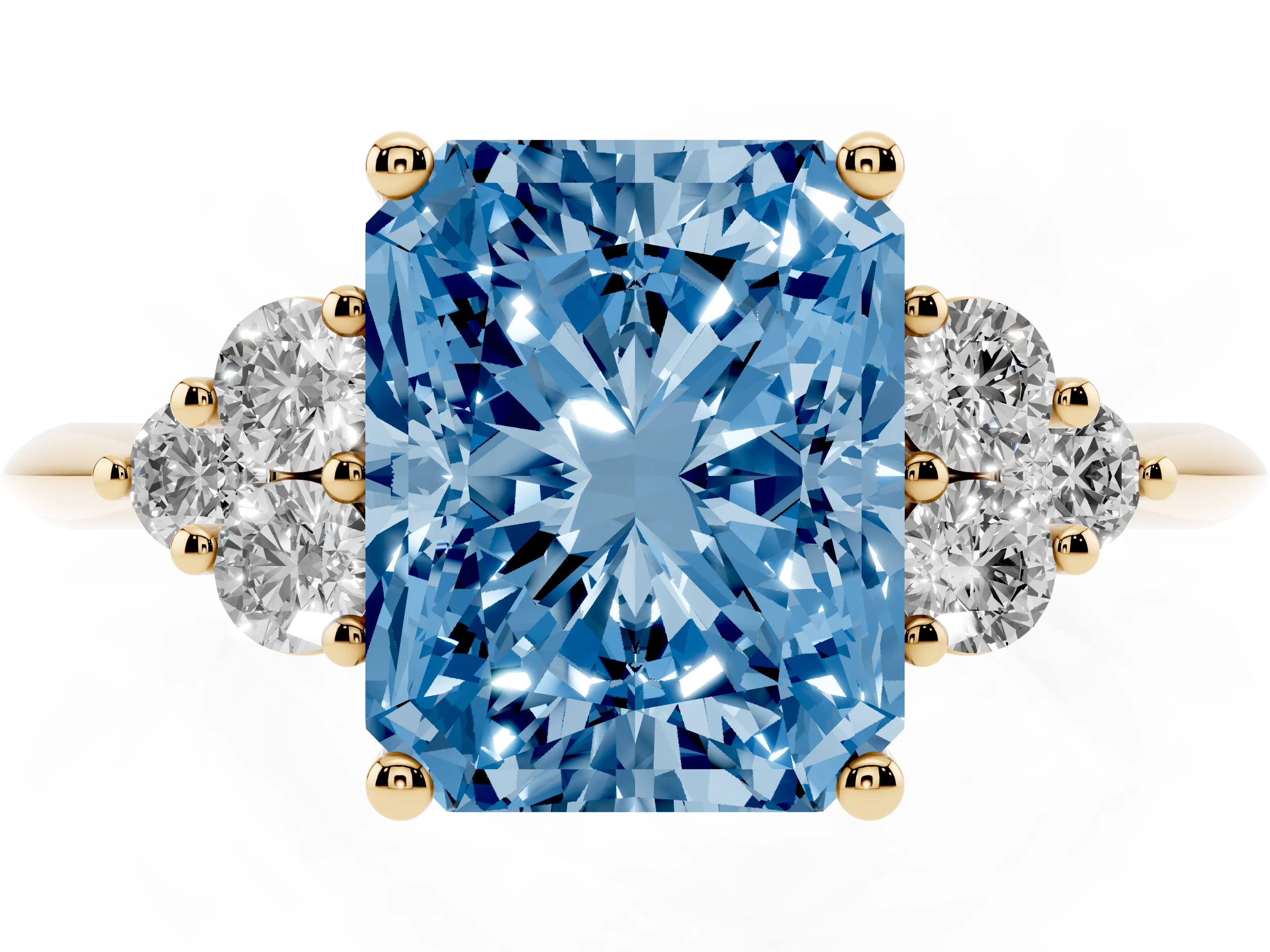 Fancy Blue Radiant Cut Diamond Cluster Ring Set in Yellow gold with Plain Band and Prong Setting