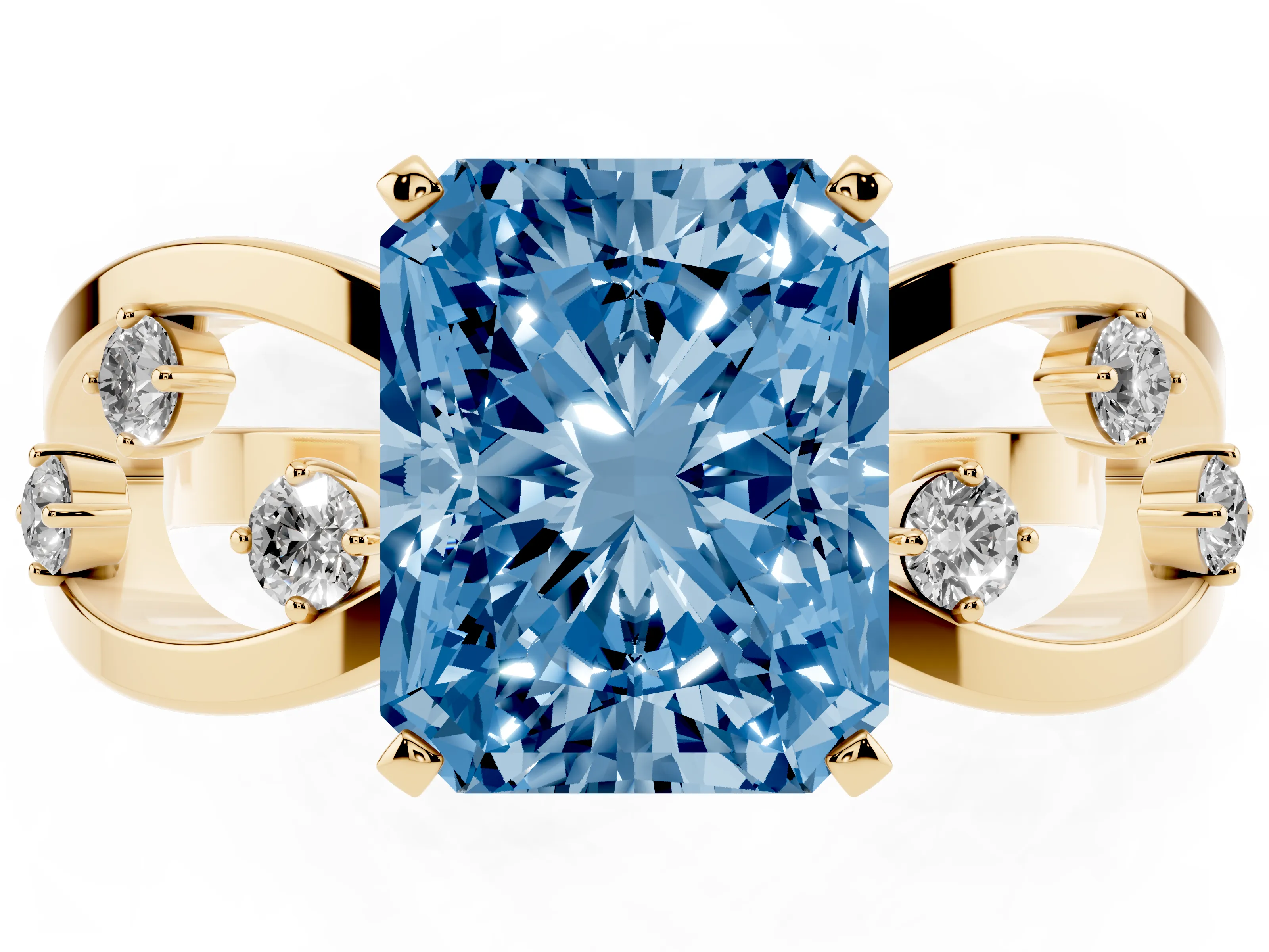 Fancy Blue Radiant Cut Diamond Solitaire Ring Set in Yellow gold with Side Stones on Criss-Cross Band and Prong Setting