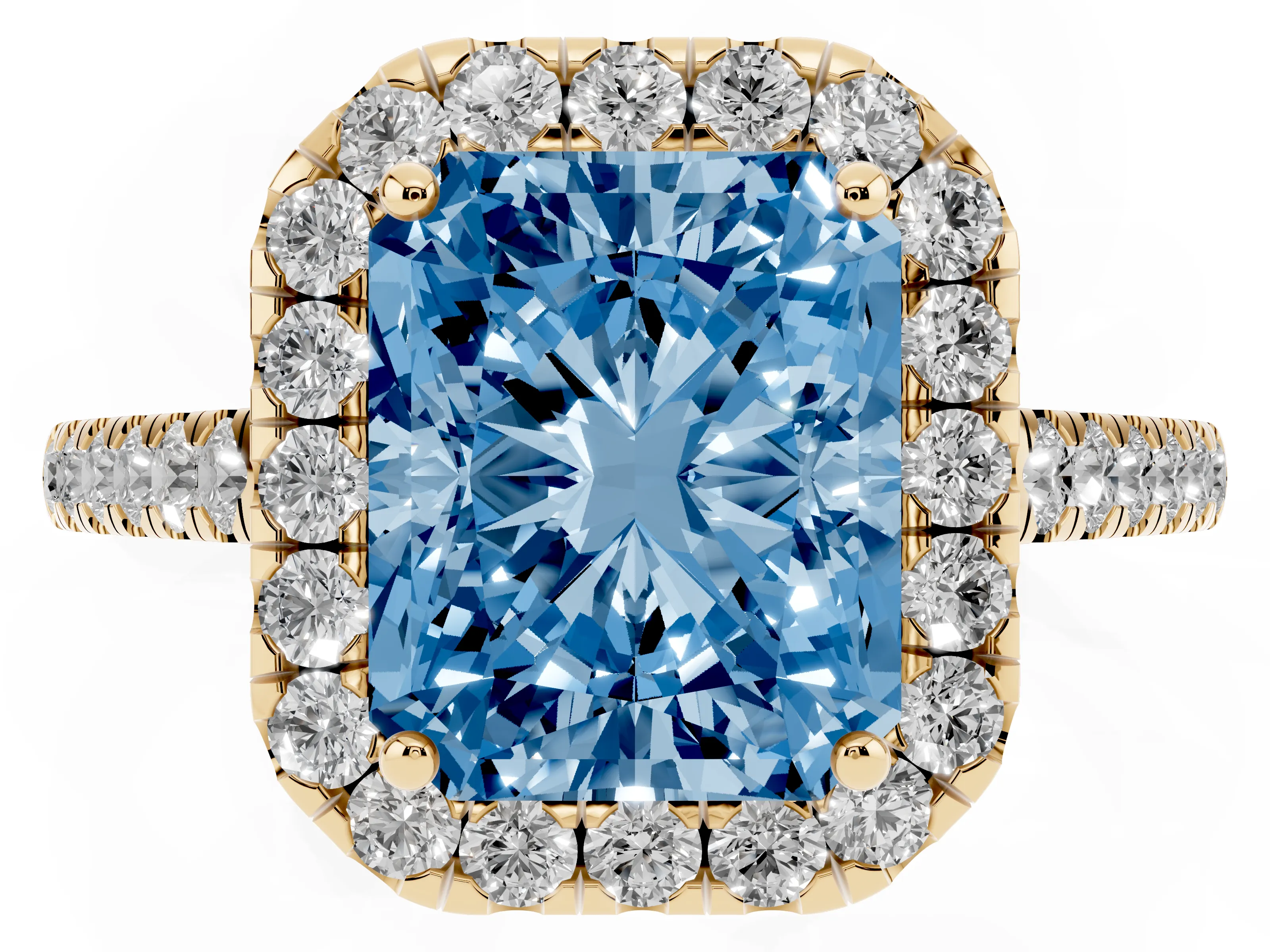 Fancy Blue Radiant Cut Diamond Halo Pavé Engagement Ring Set in Yellow gold with Prong Setting