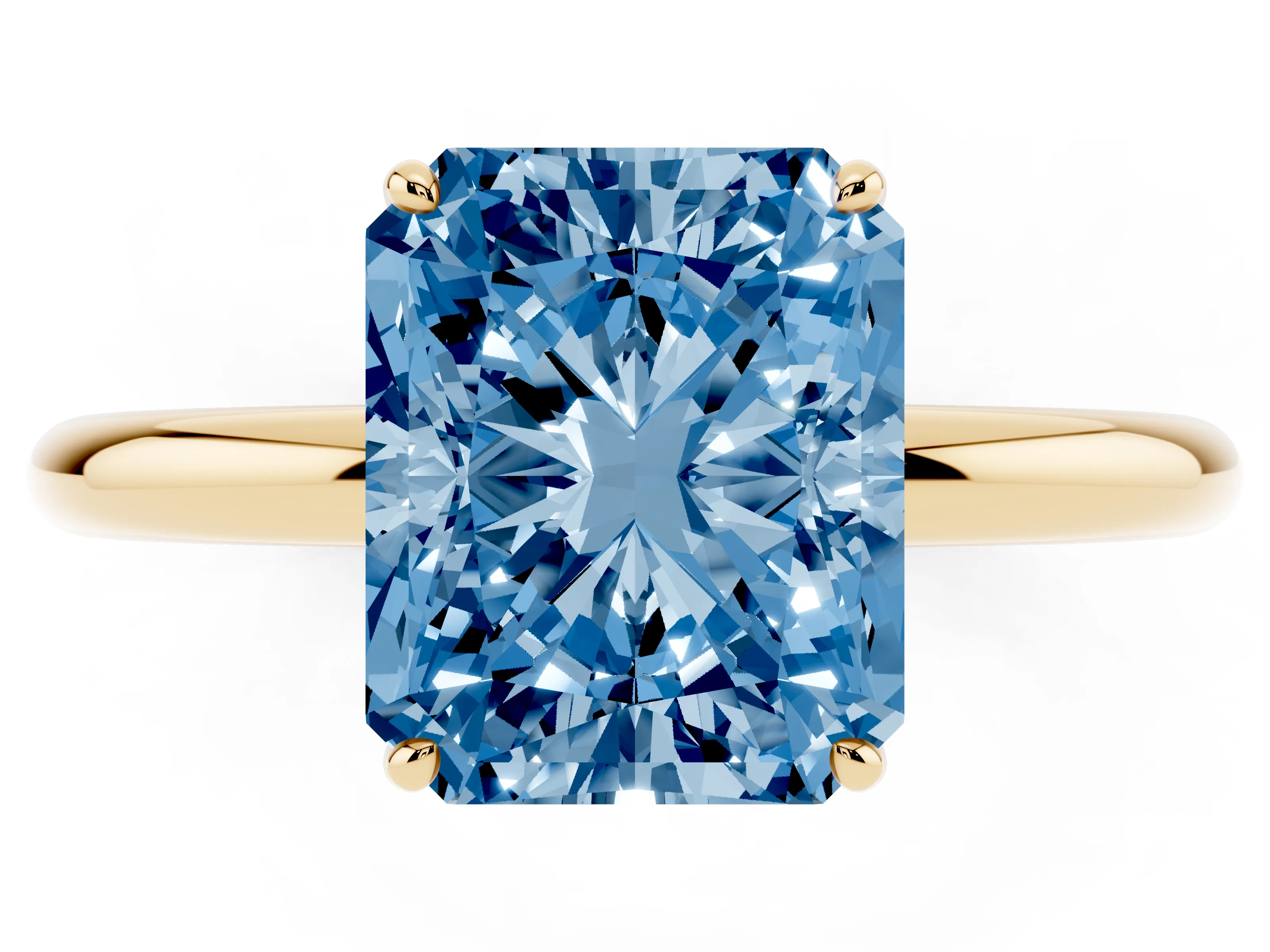 Fancy Blue Radiant Cut Diamond Solitaire Ring Set in Yellow gold with Prong Setting on a Polished Plain Band