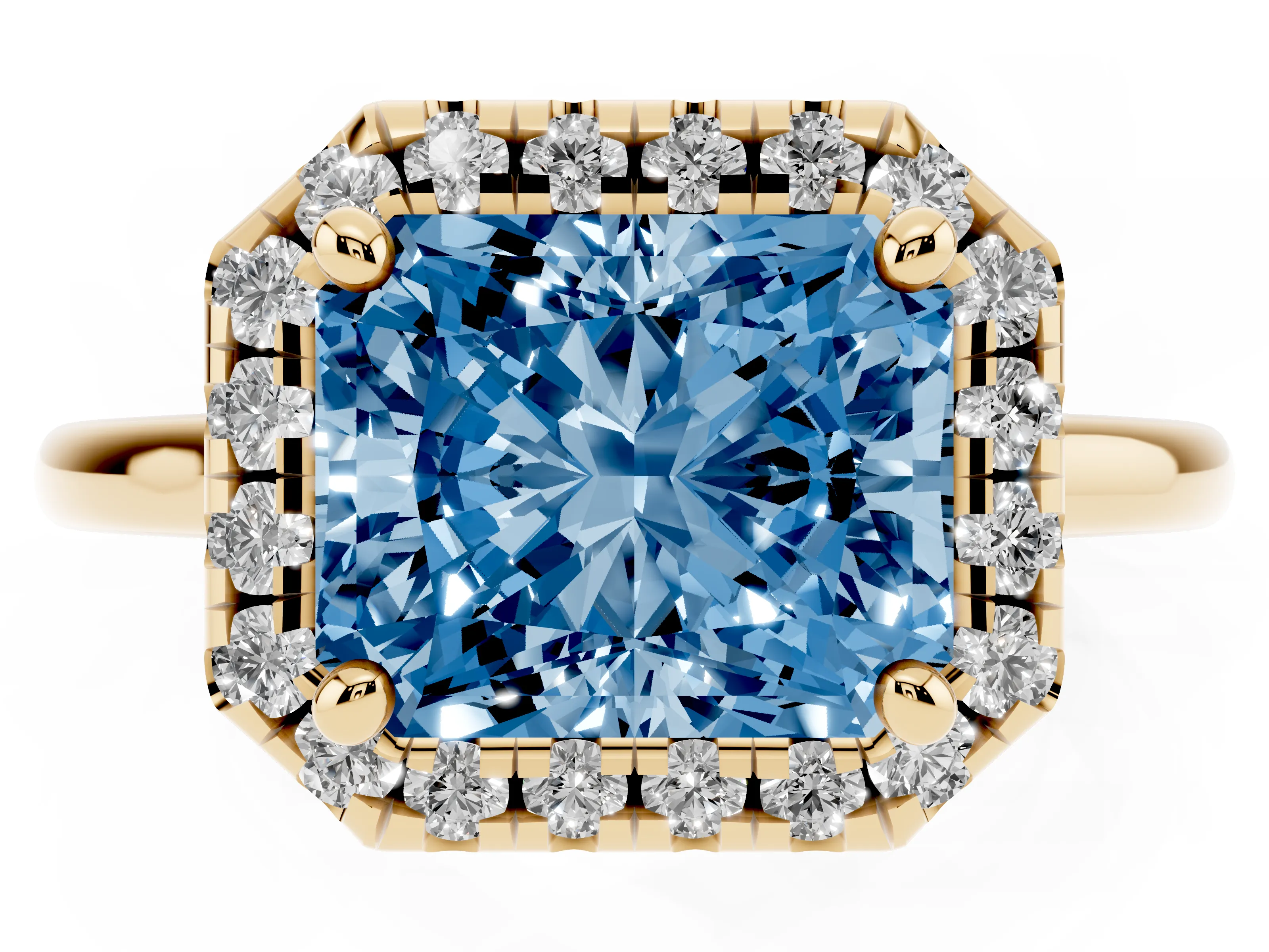 Fancy Blue Radiant Cut Diamond Halo Engagement Ring Set in Yellow gold with Pavé Band and Rising Shoulders