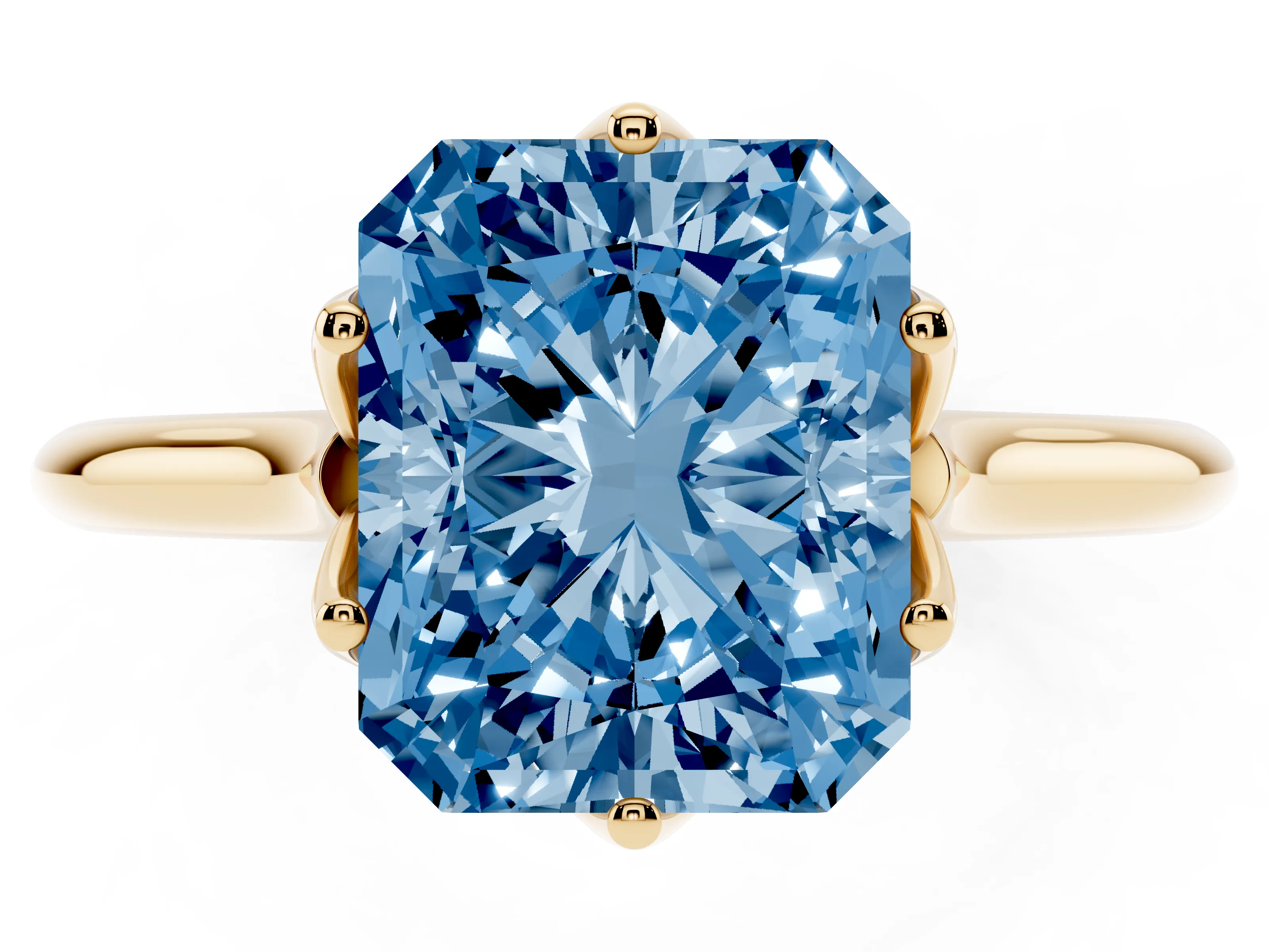 Fancy Blue Radiant Cut Diamond Solitaire Cathedral Ring Set in Yellow gold with Prong Setting