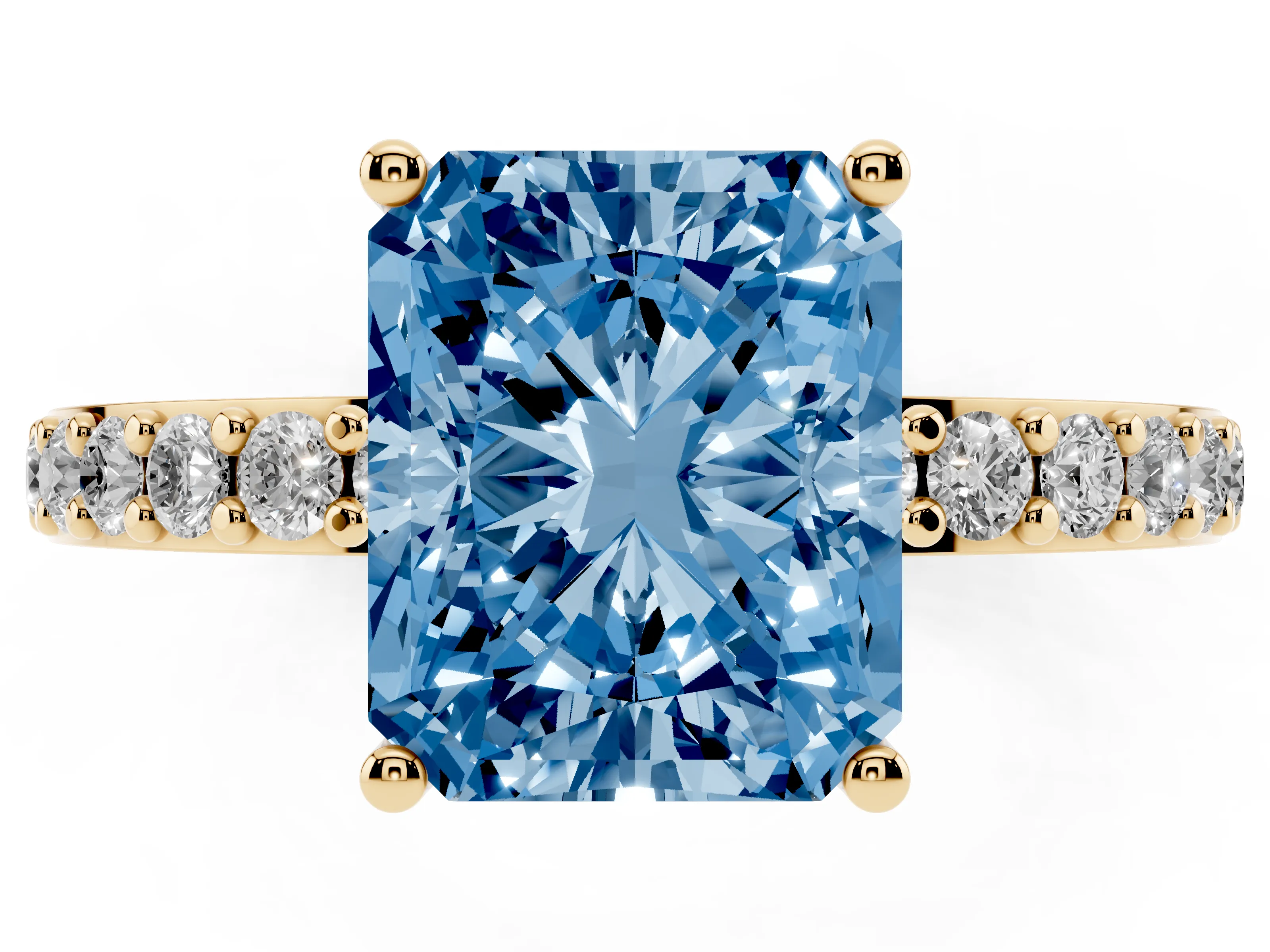 Fancy Blue Radiant Cut Diamond Solitaire Set in Yellow gold with Round Pavé Band and Prong Setting
