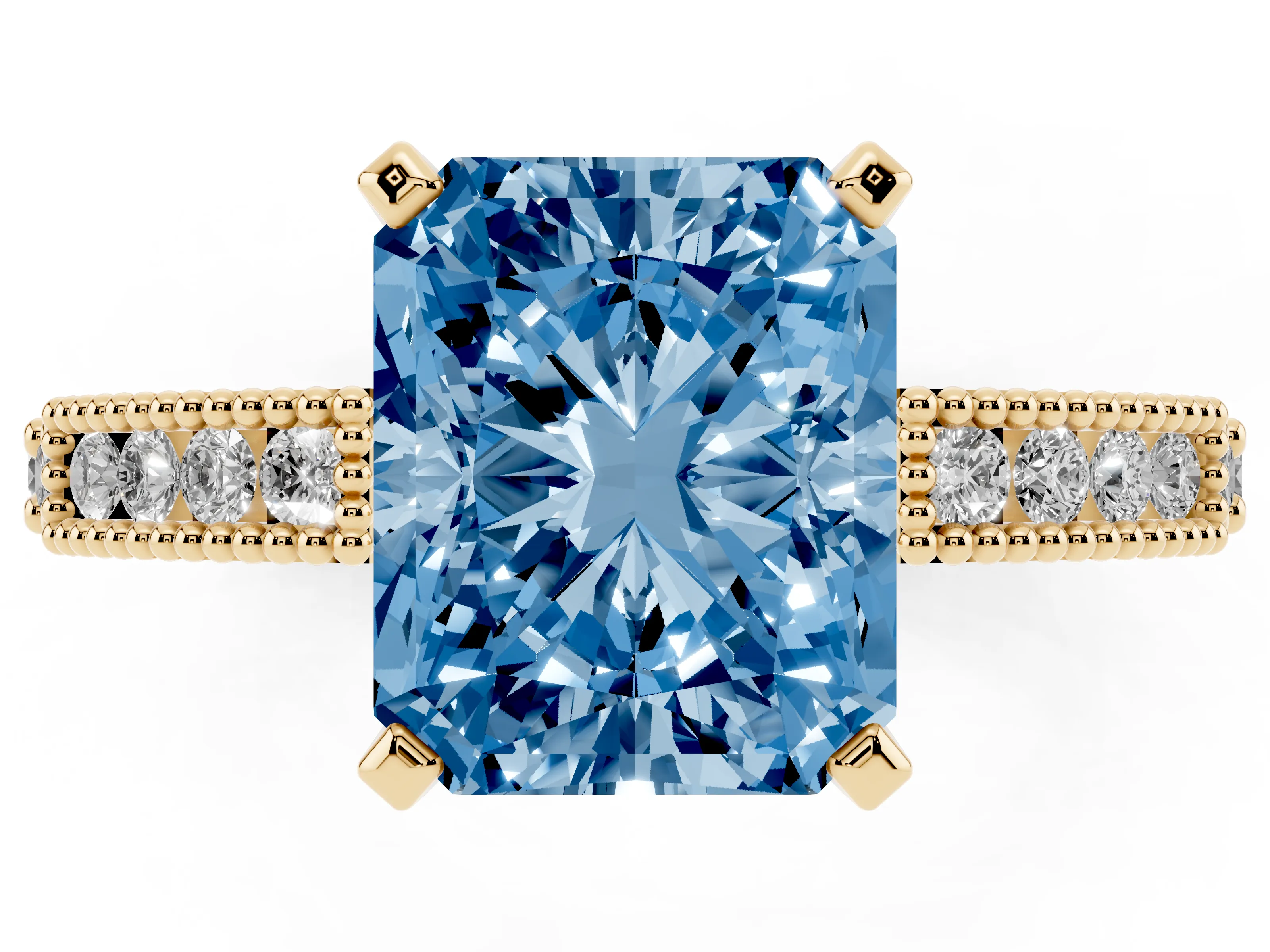 Fancy Blue Radiant Cut Diamond Solitaire Ring Set in Yellow gold with Slim Pavé Band and Prong Setting