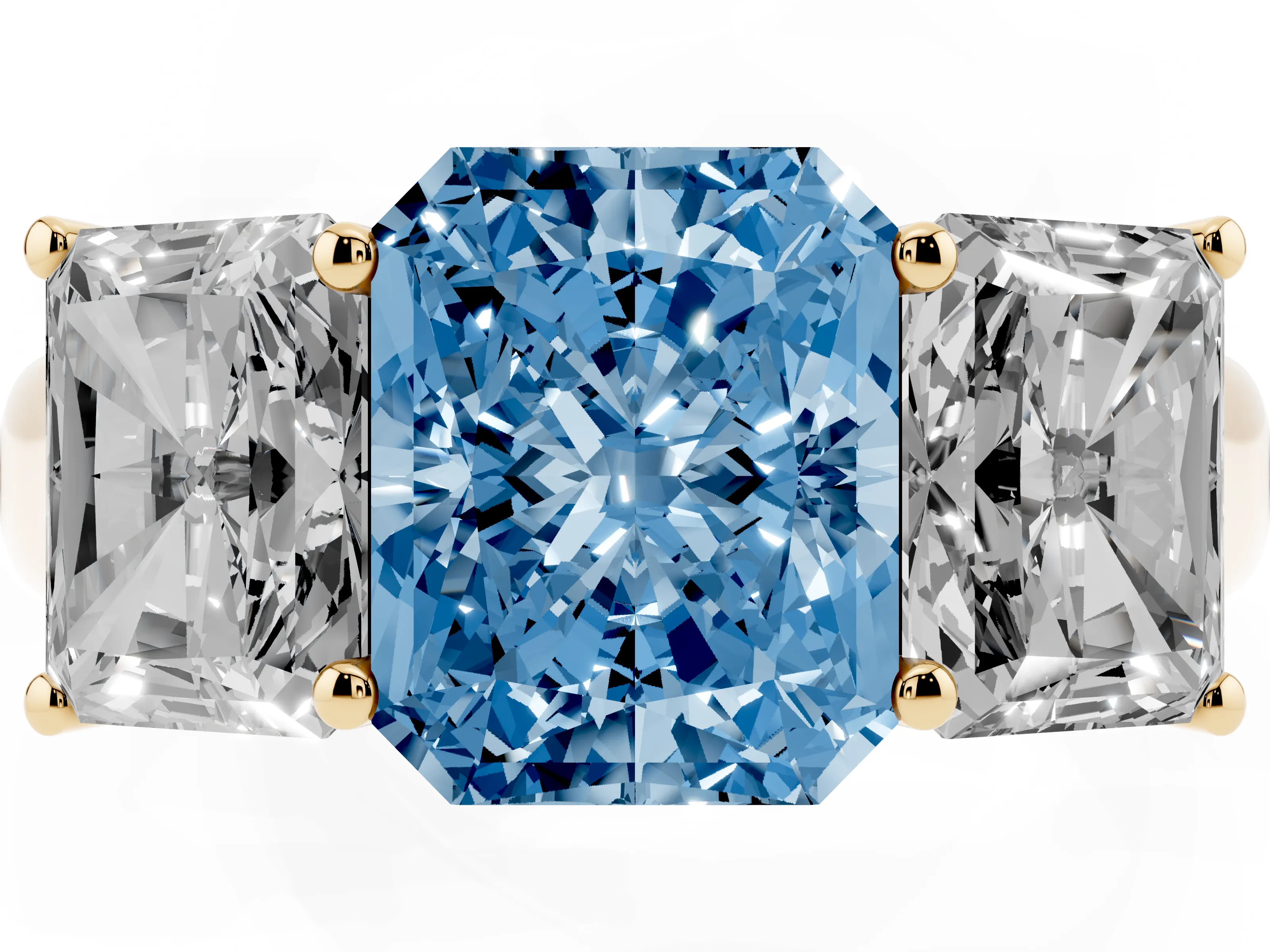 Fancy Blue Radiant Cut Diamond Three-Stone Ring Set in Yellow gold with Plain Polished Band