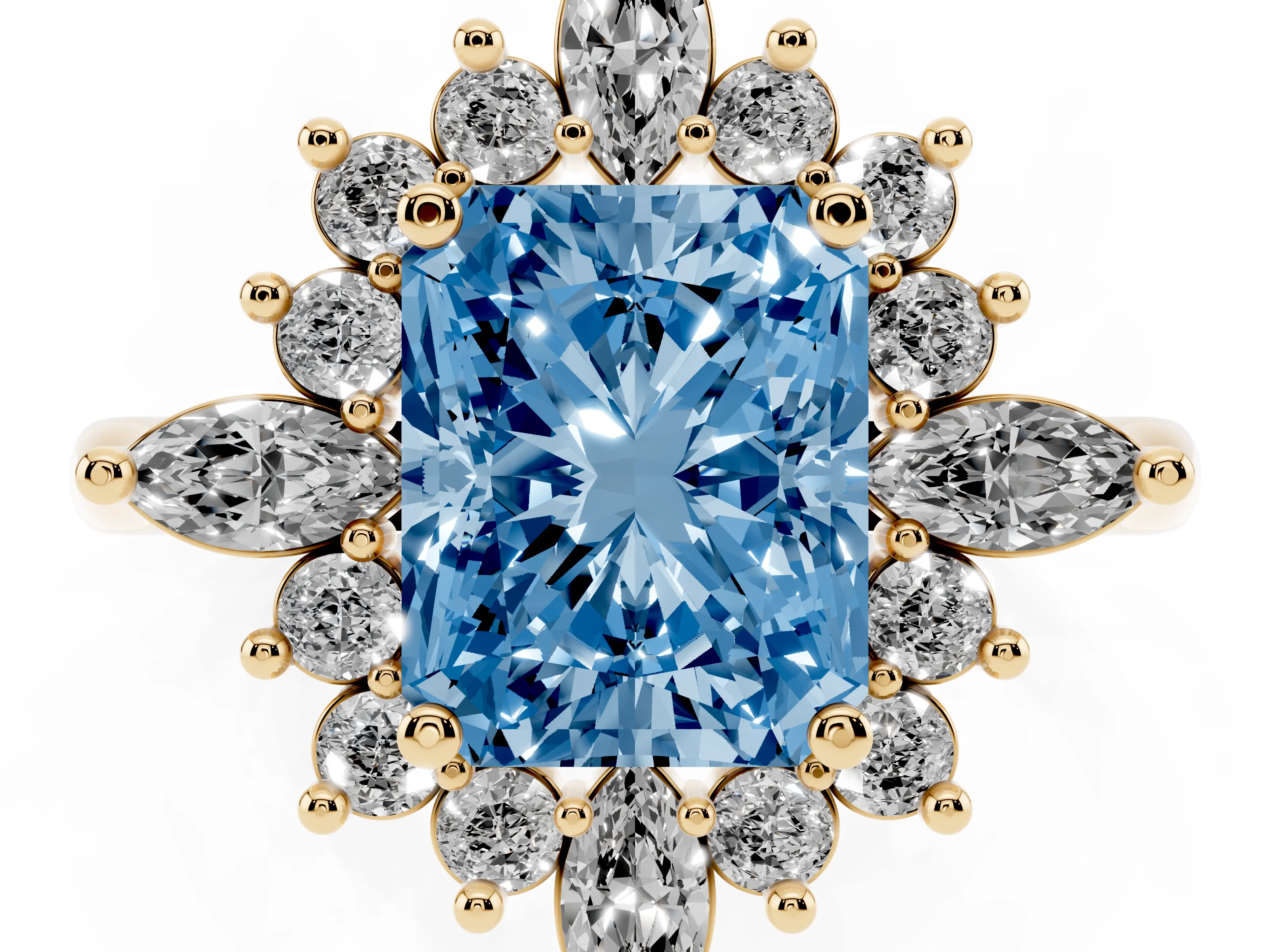 Fancy Blue Radiant Cut Diamond Cluster Halo Ring Set in Yellow gold with Marquise and Round Accents