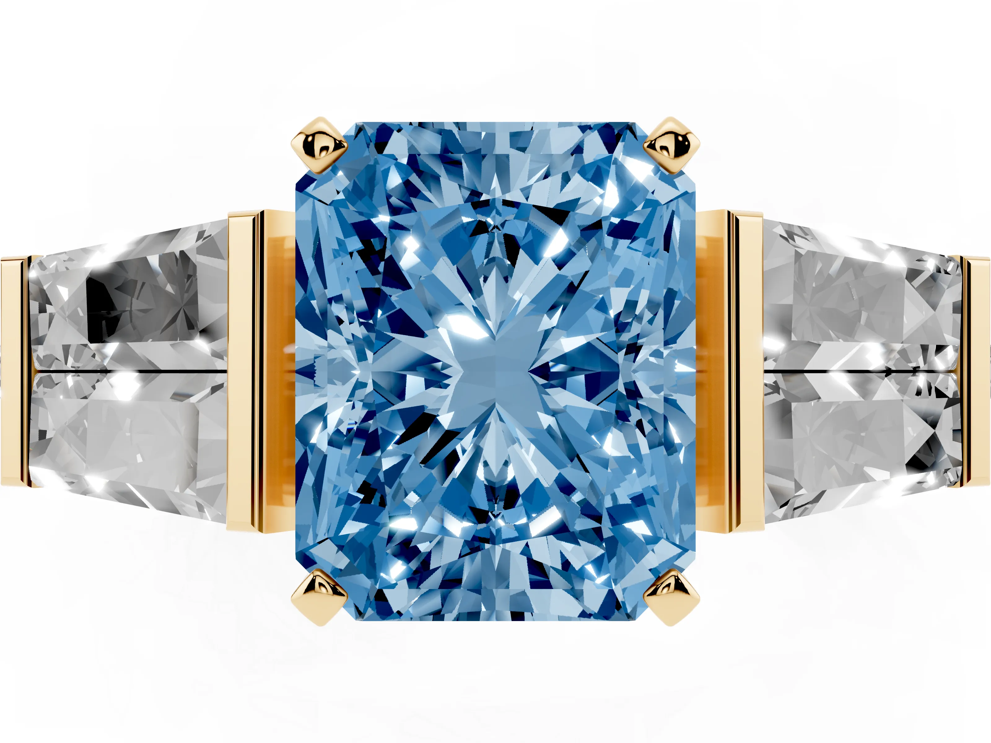 Fancy Blue Radiant Cut Diamond Engagement Ring Set in Yellow gold with Baguette Side Stones and Channel Set Band