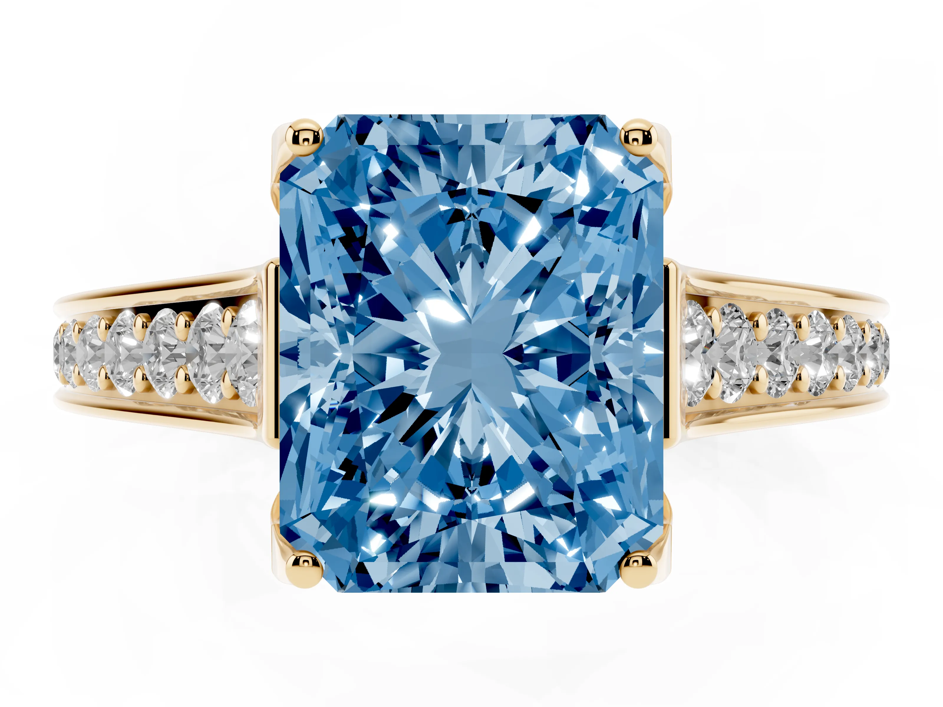 Fancy Blue Radiant Cut Diamond Solitaire Pavé Engagement Ring Set in Yellow gold with Prong Setting