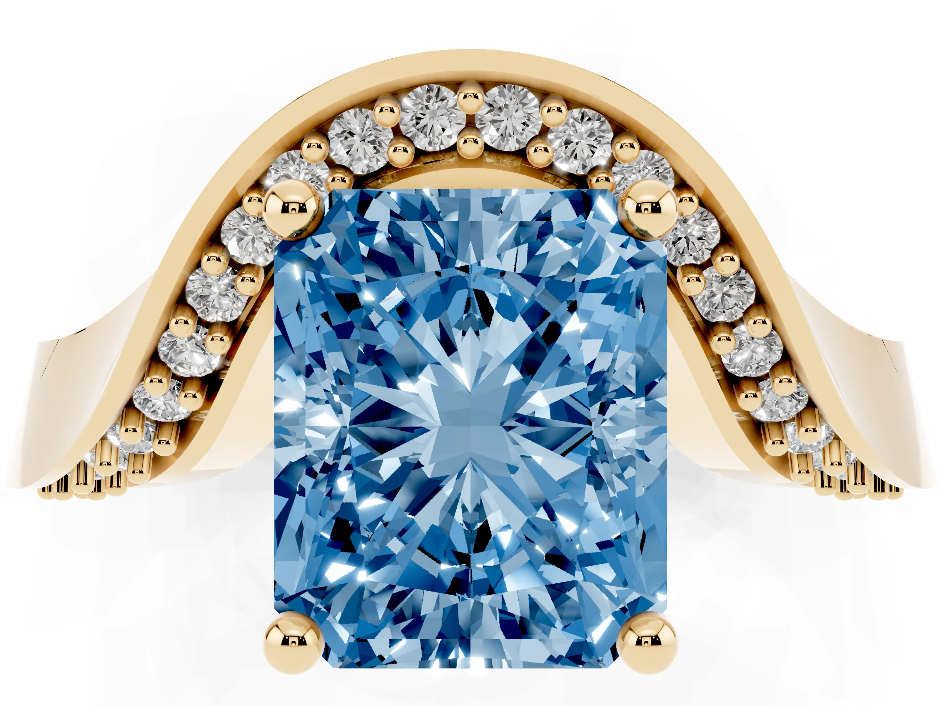 Fancy Blue Radiant Cut Diamond Solitaire Engagement Ring Set in Yellow gold with Pavé Shoulders