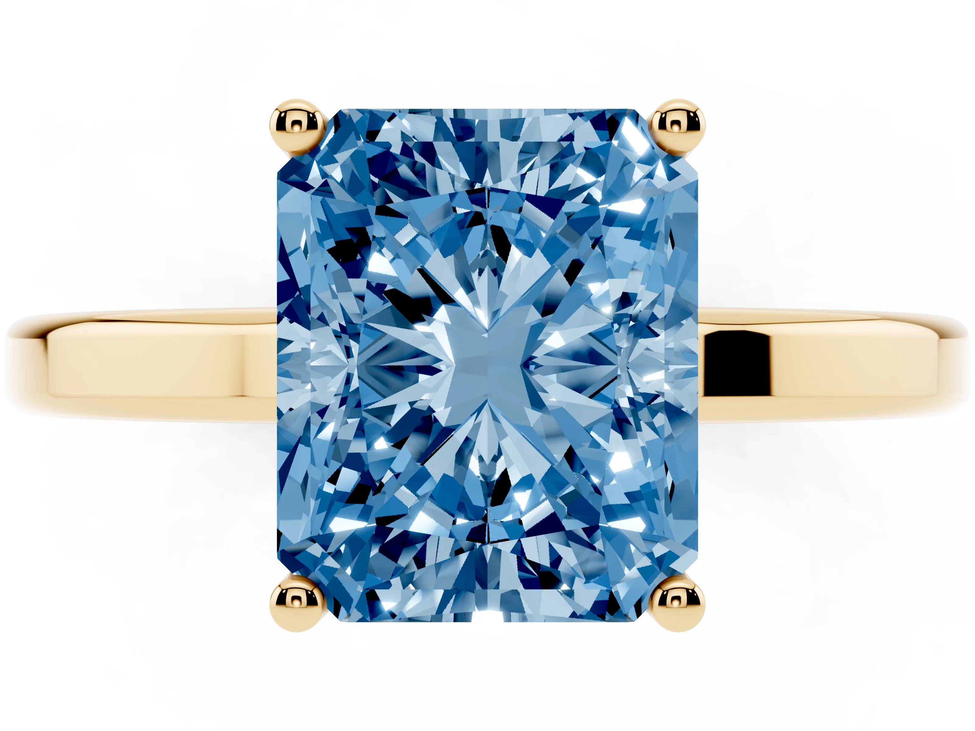 Fancy Blue Radiant Cut Diamond Solitaire Engagement Ring Set in Yellow gold with Prong Setting on a Plain Band