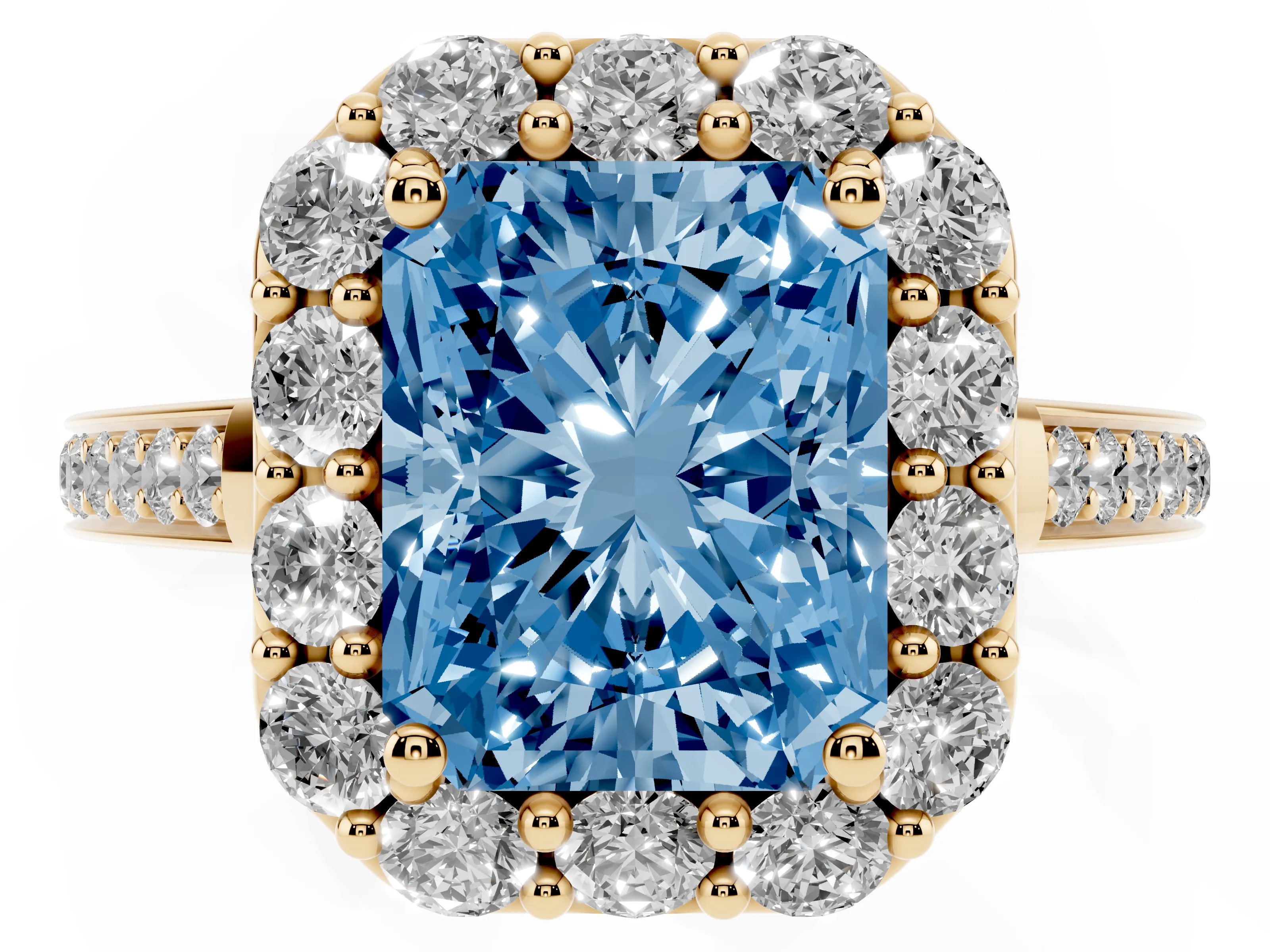 Fancy Blue Radiant Cut Diamond Floral Halo Ring Set in Yellow gold with Pavé Band and Prong Setting