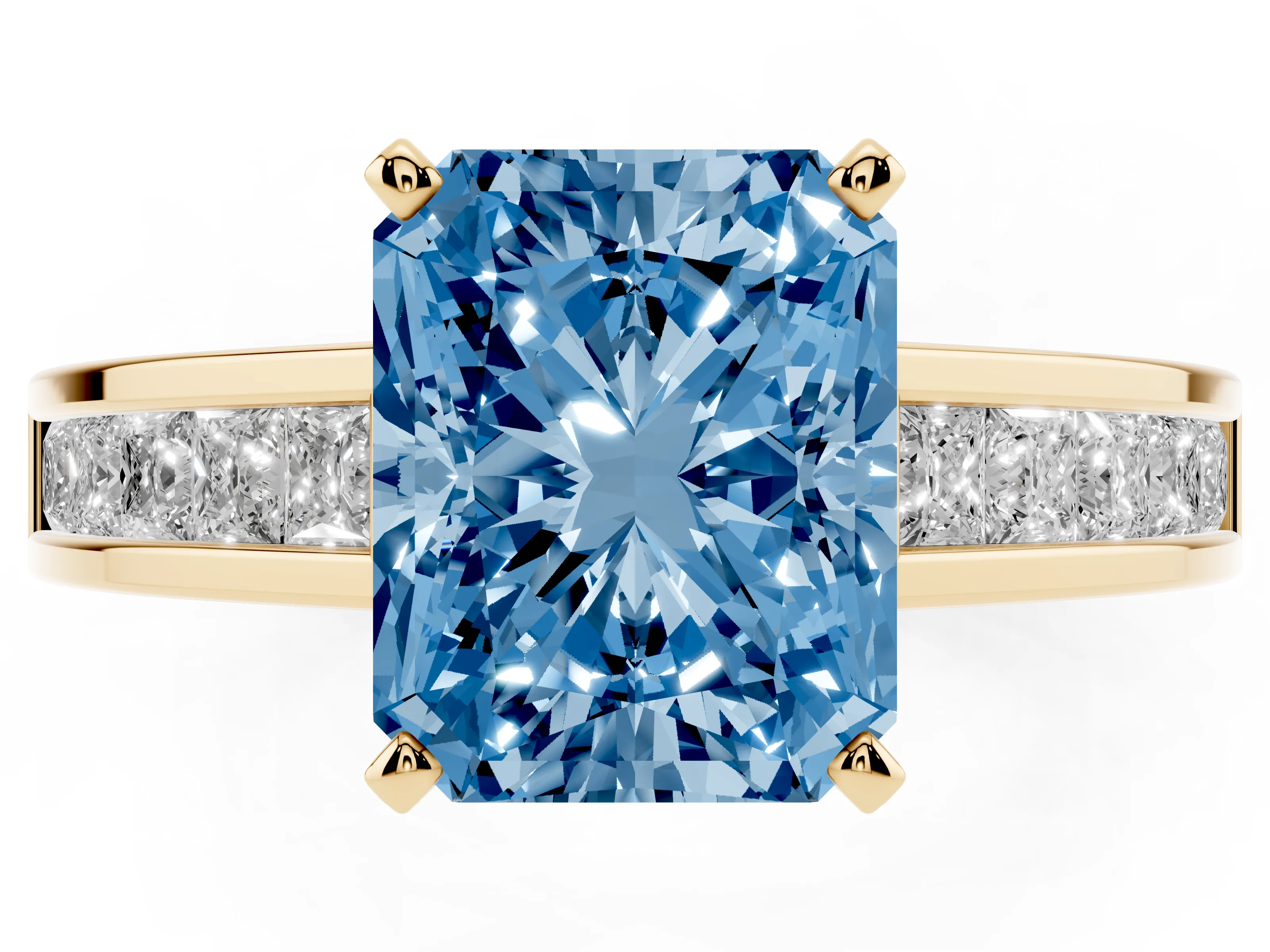 Fancy Blue Radiant Cut Diamond Solitaire Ring Set in Yellow gold with Channel-Set Band and Prong Setting