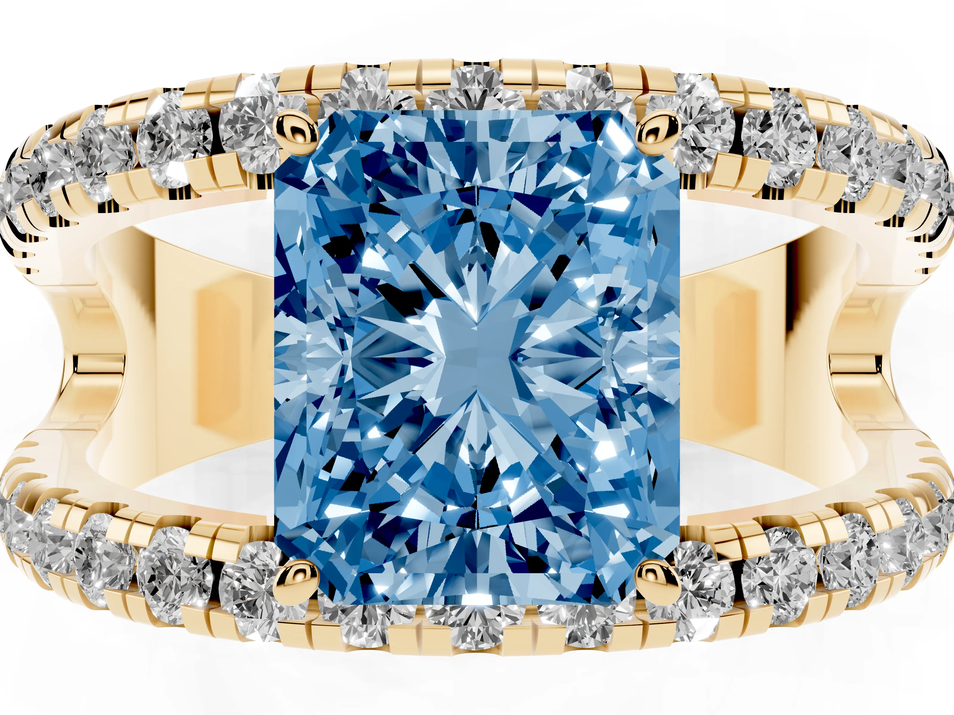 Fancy Blue Radiant Cut Diamond Split Shank Pavé Solitaire Ring Set in Yellow gold with Open Shank Design