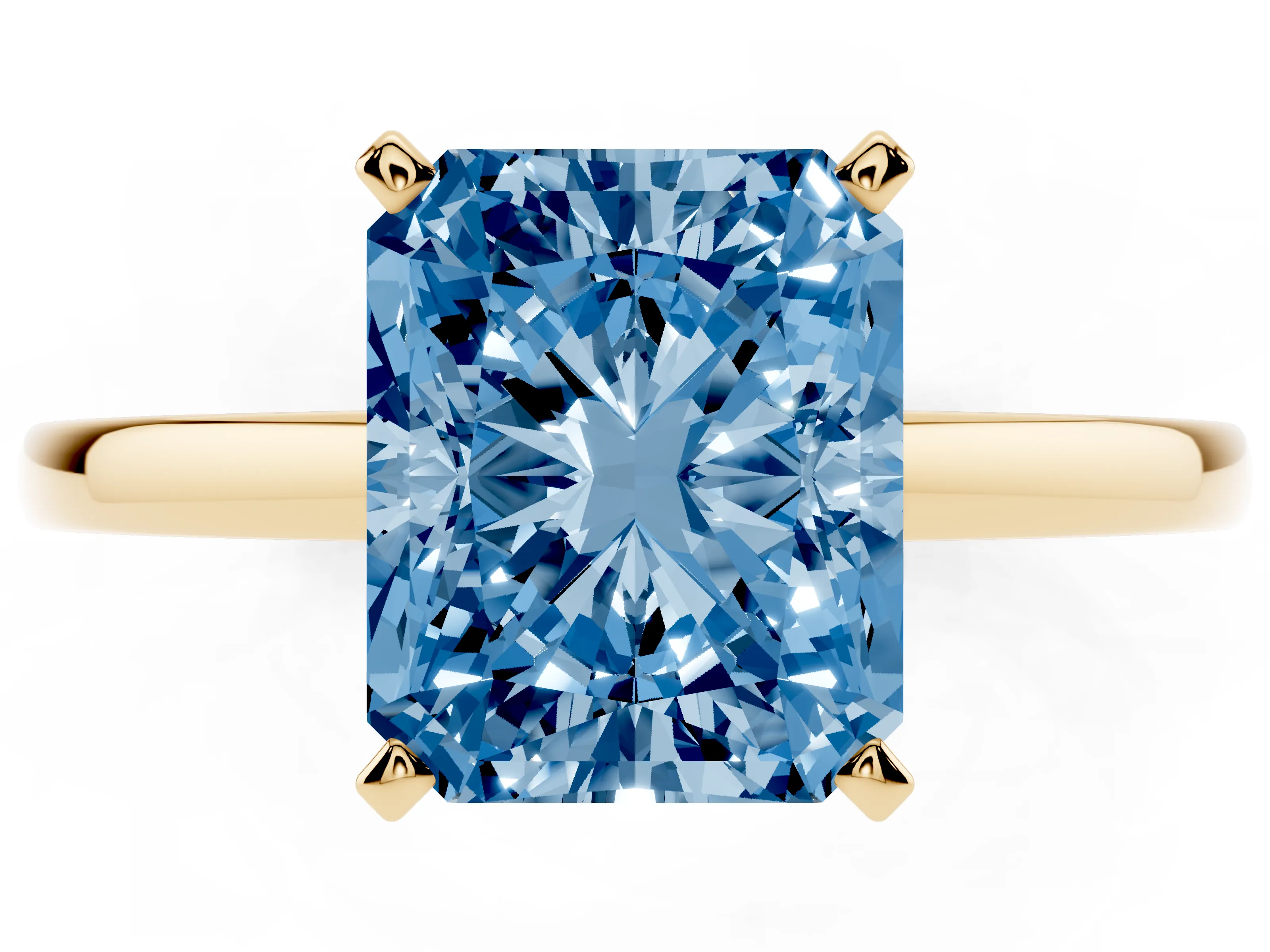 Fancy Blue Radiant Cut Diamond Solitaire Engagement Ring Set in Yellow gold with Prong Setting on a Classic Band