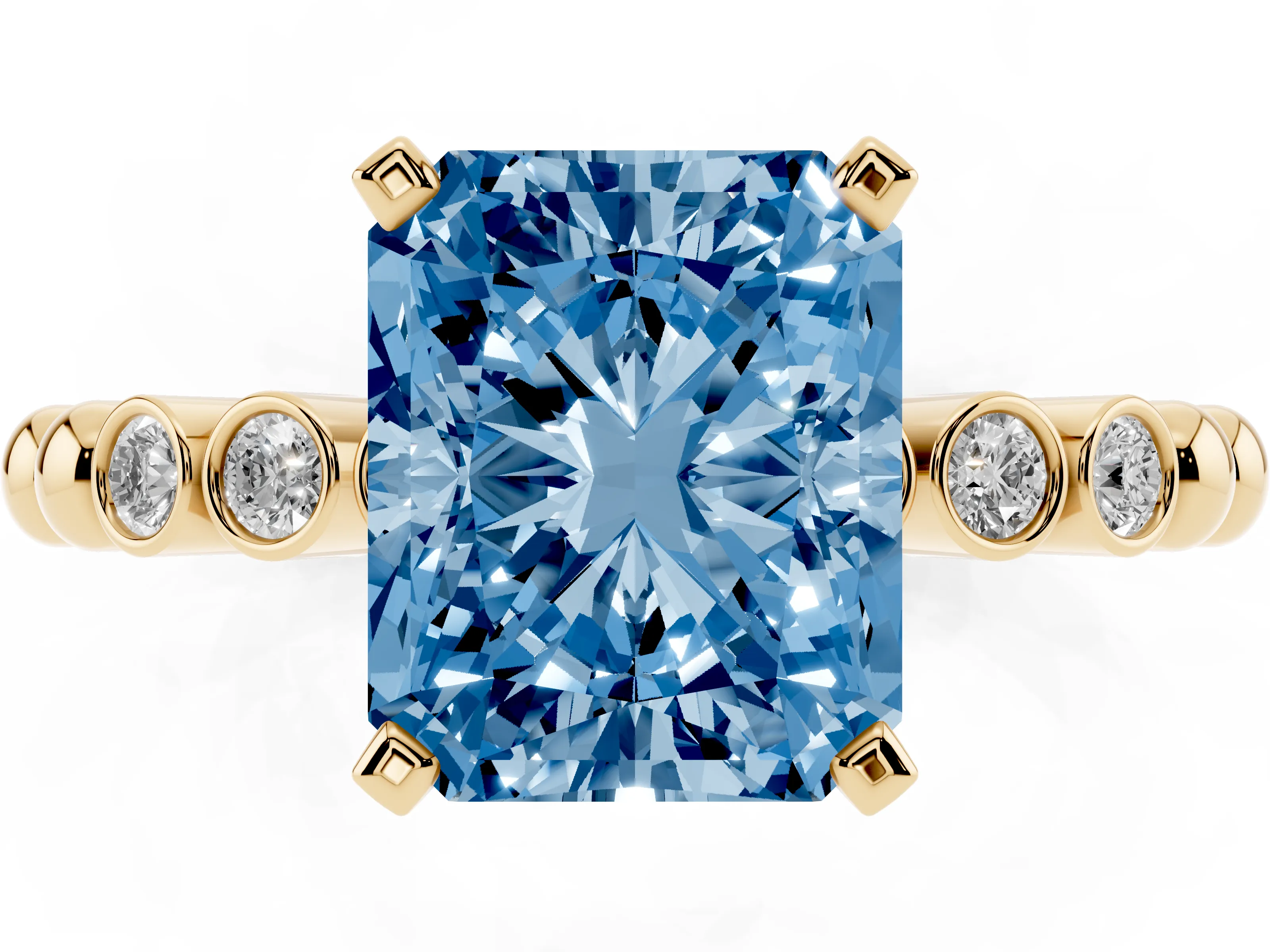 Fancy Blue Radiant Cut Diamond Solitaire Engagement Ring Set in Yellow gold with Bezel Accents on Beaded Band