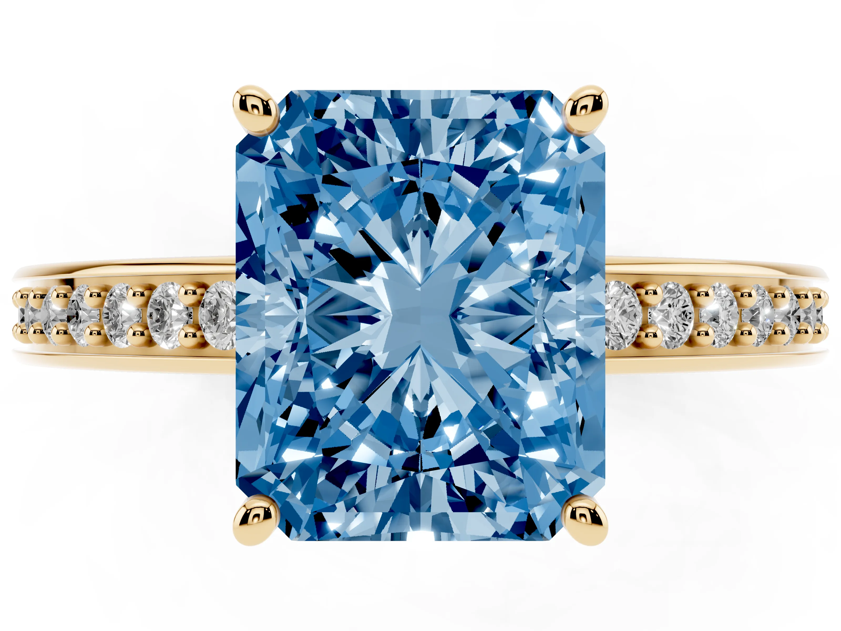 Fancy Blue Radiant Cut Diamond Pavé Band Prong Set Solitaire Ring Set in Yellow gold