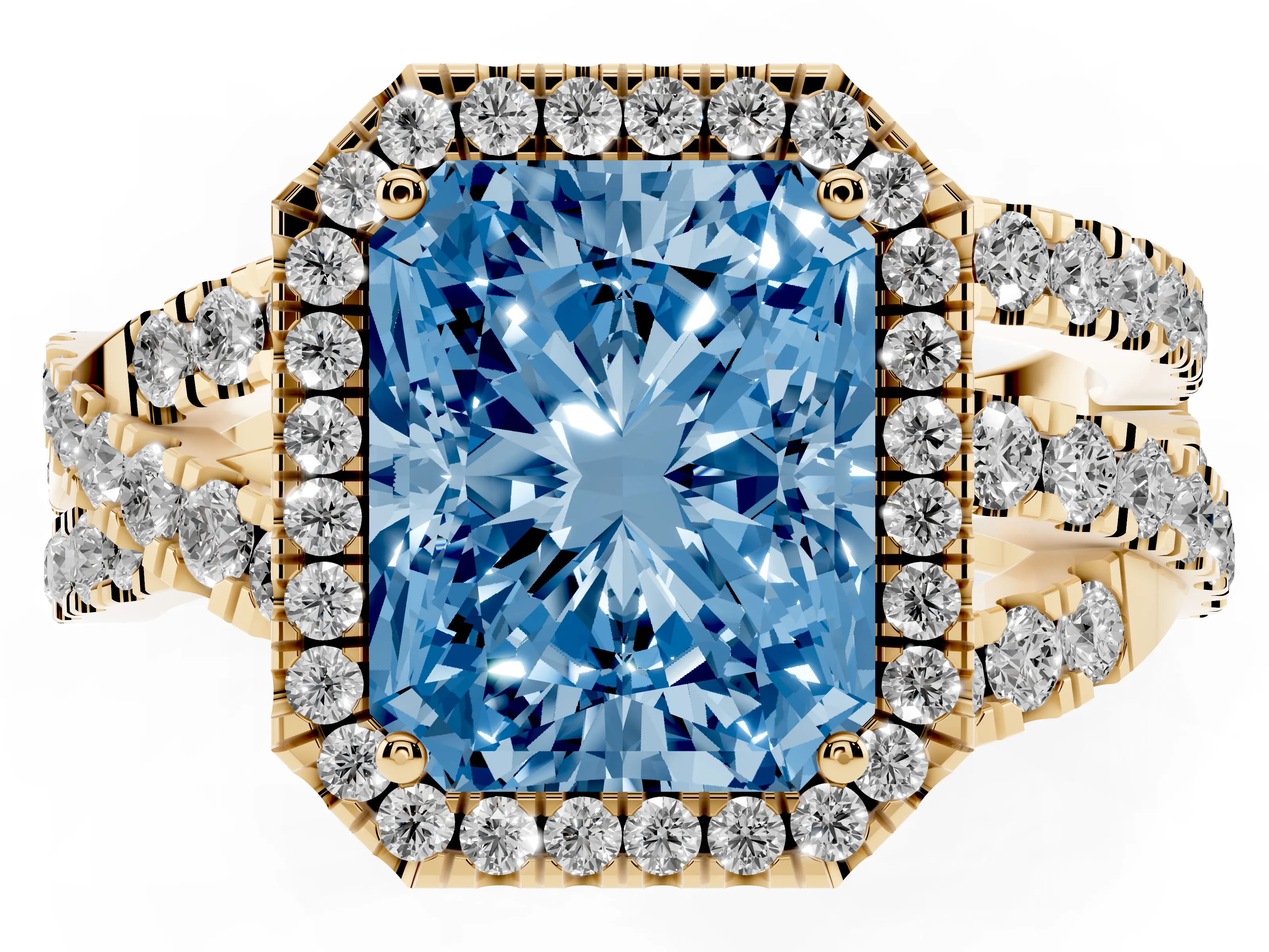 Fancy Blue Radiant Cut Diamond Halo Ring Set in Yellow gold with Round Crossover Split Shank and Prong Setting