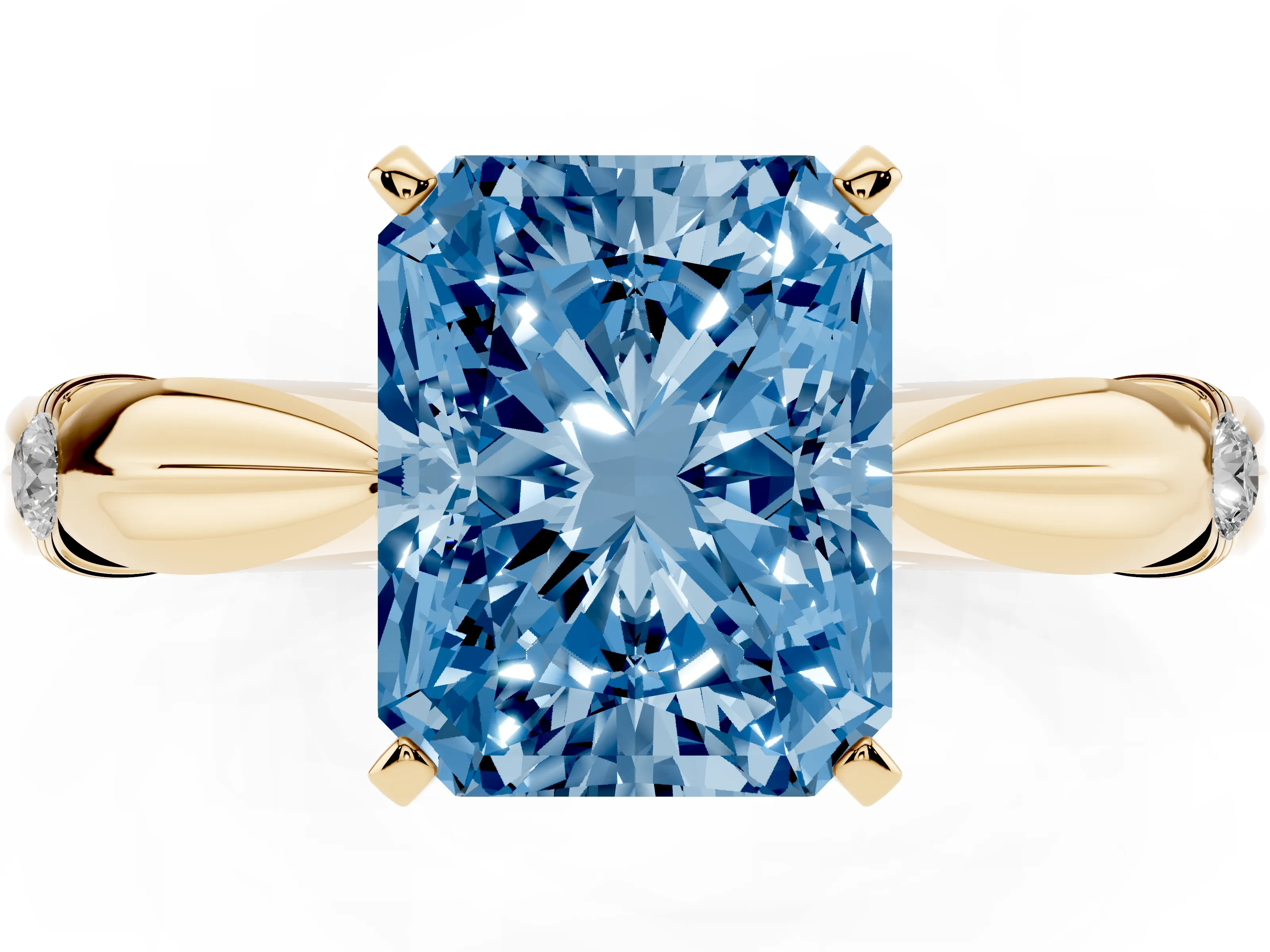 Fancy Blue Radiant Cut Diamond Solitaire Twisted Band Ring Set in Yellow gold with Accent Stones and Prong Setting