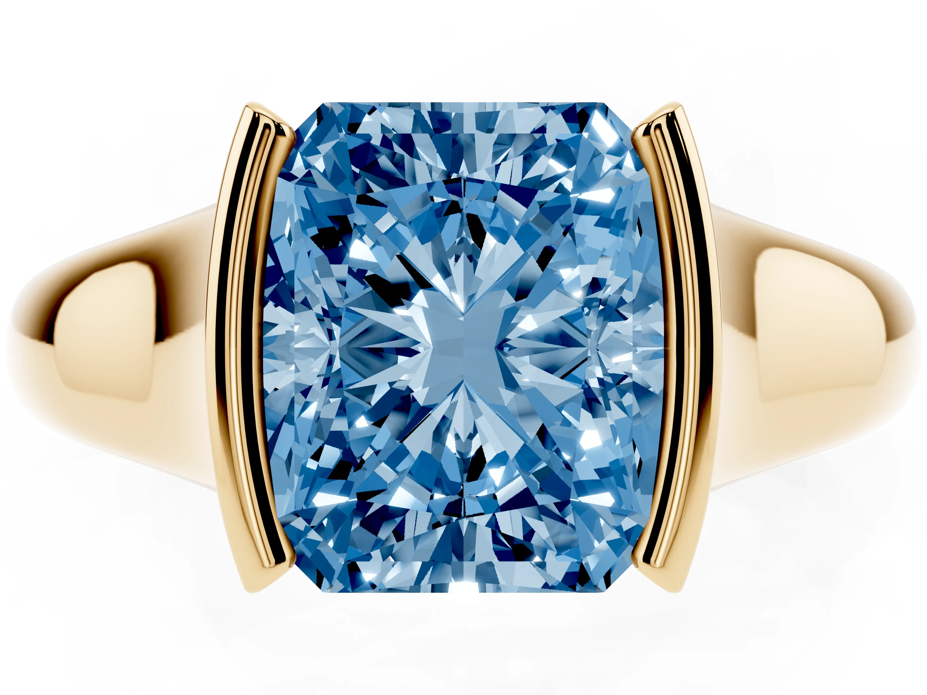 Fancy Blue Radiant Cut Diamond Solitaire Tension Set Ring Set in Yellow gold with Split Shank Band