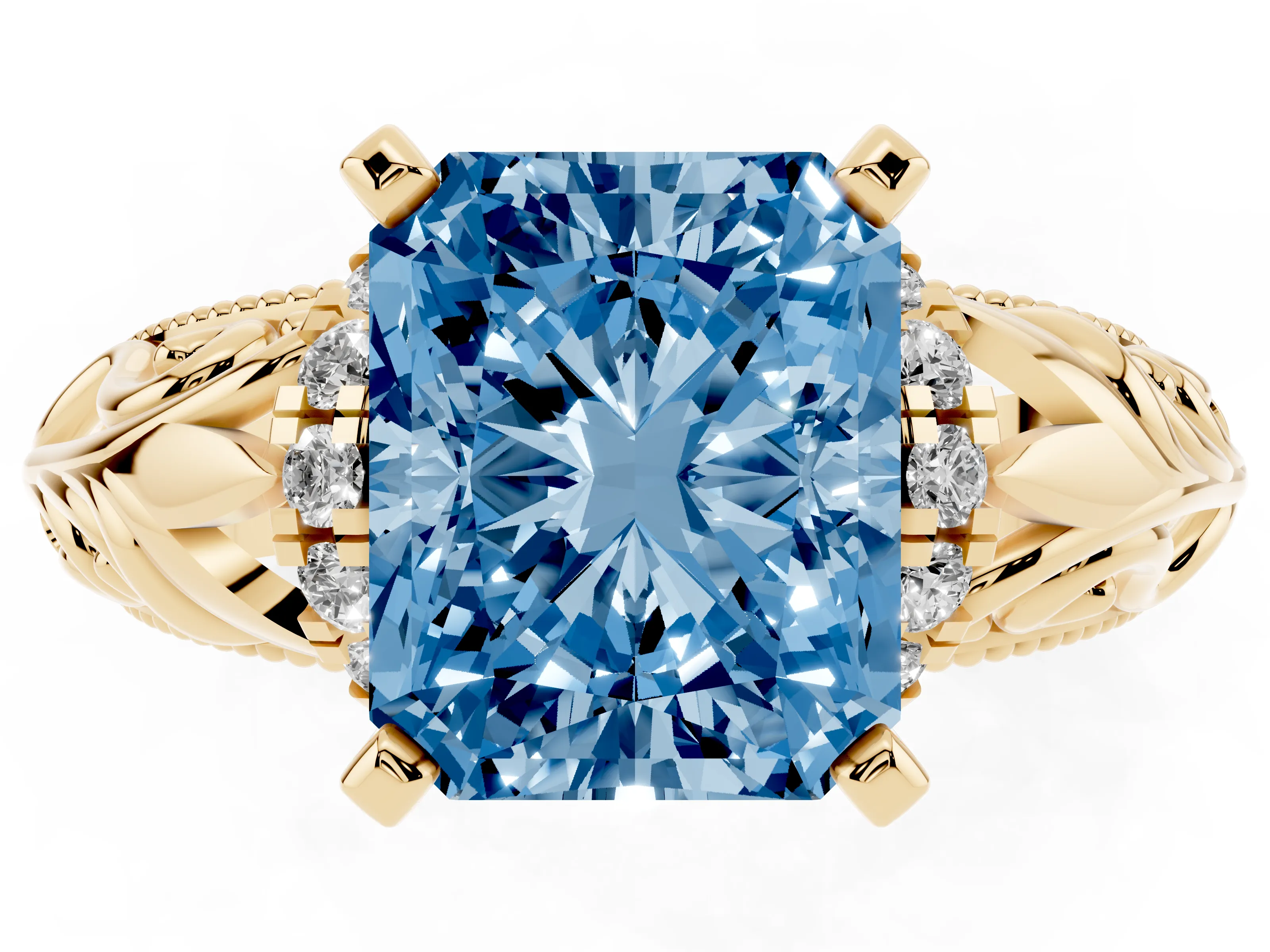 Fancy Blue Radiant Cut Diamond Filigree Halo Engagement Ring Set in Yellow gold with Prong Setting