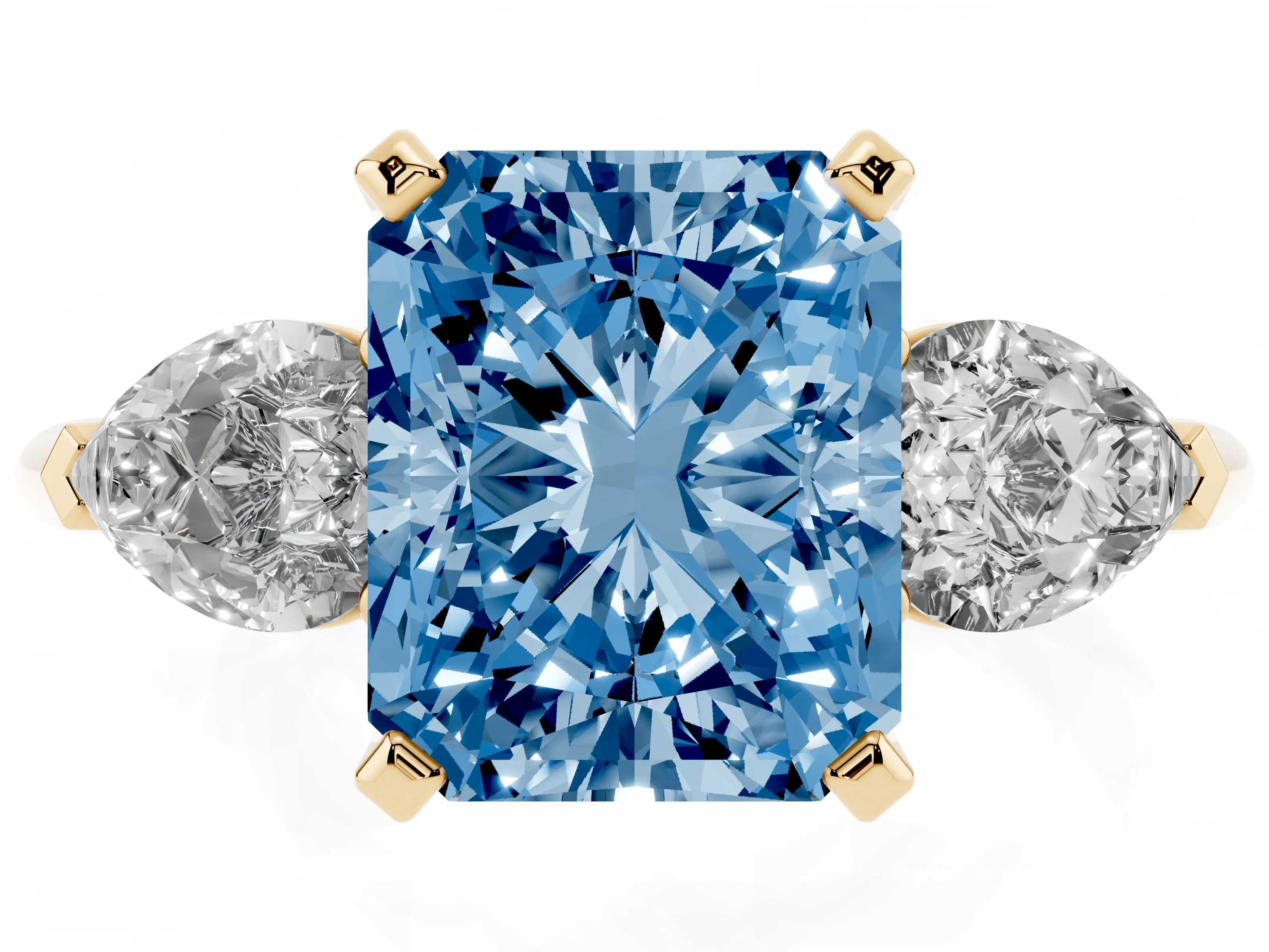 Fancy Blue Three-Stone Radiant Cut Diamond Ring Set in Yellow gold with Pear Side Stones and Prong Setting
