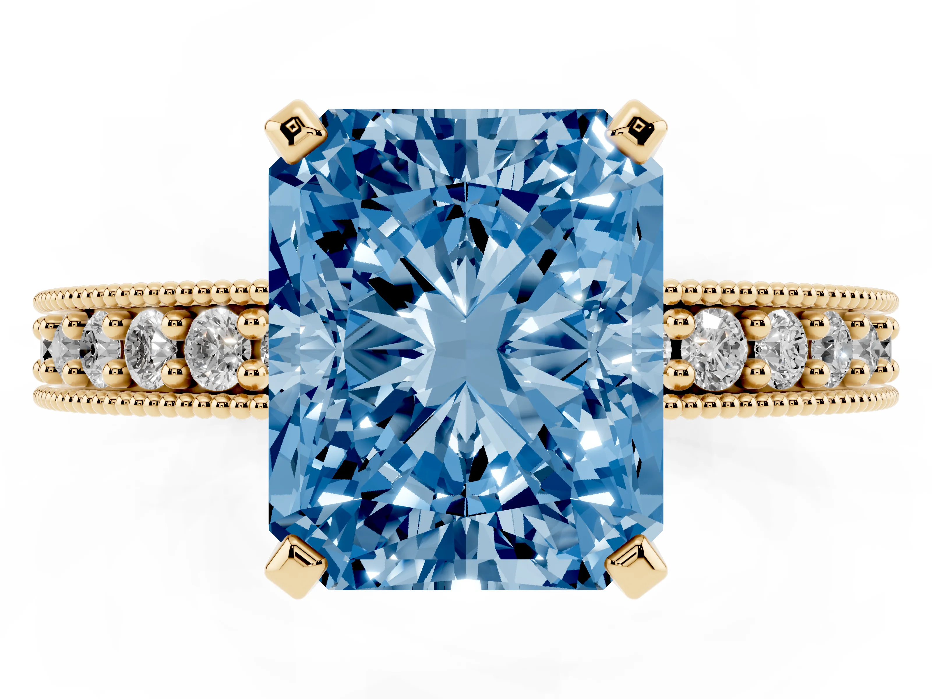 Fancy Blue Radiant Cut Diamond Milgrain Pavé Engagement Ring Set in Yellow gold with Prong Setting