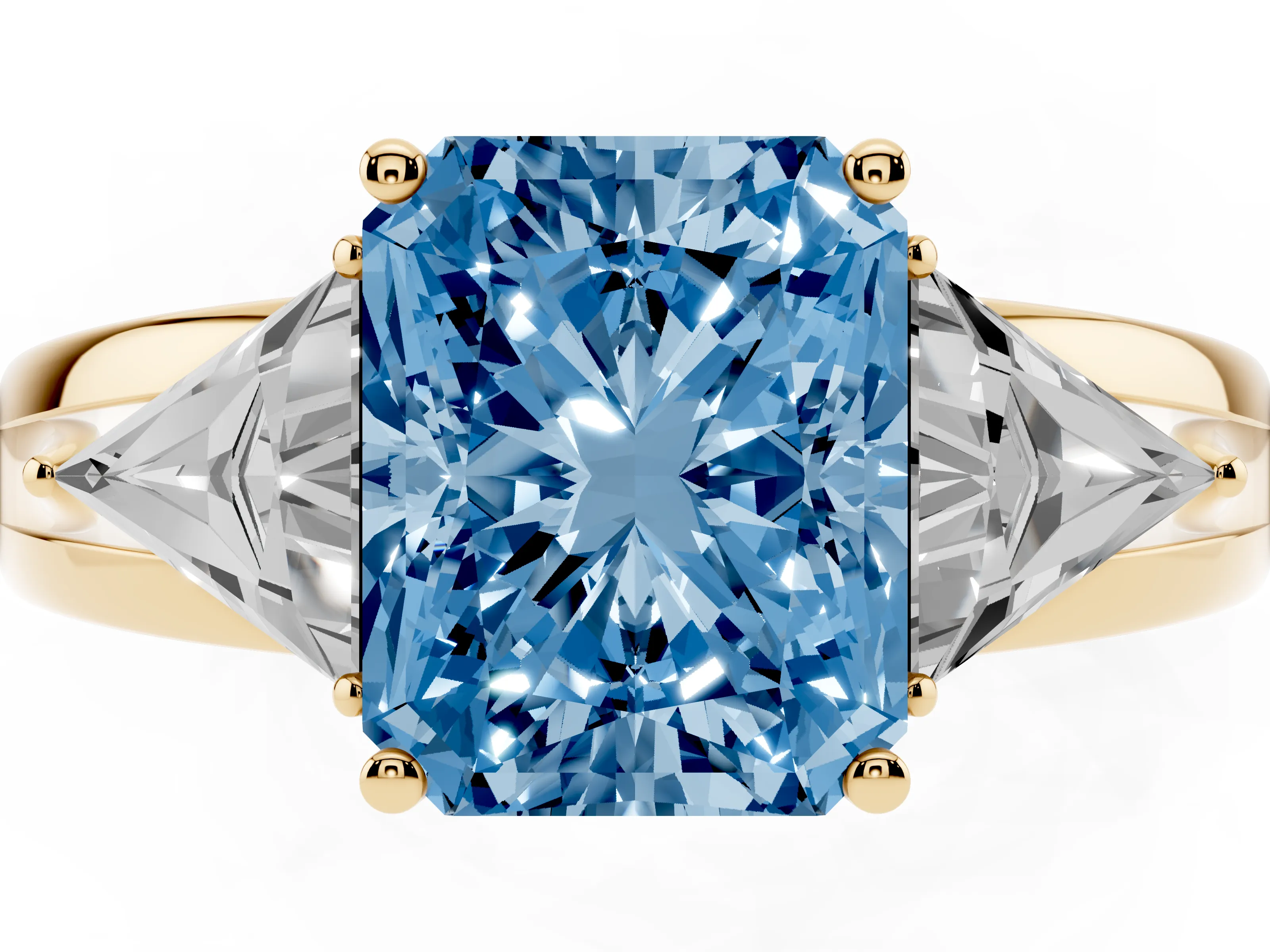 Fancy Blue Radiant Cut Diamond Three-Stone Ring Set in Yellow gold with Trillion Side Stones and Split Shank