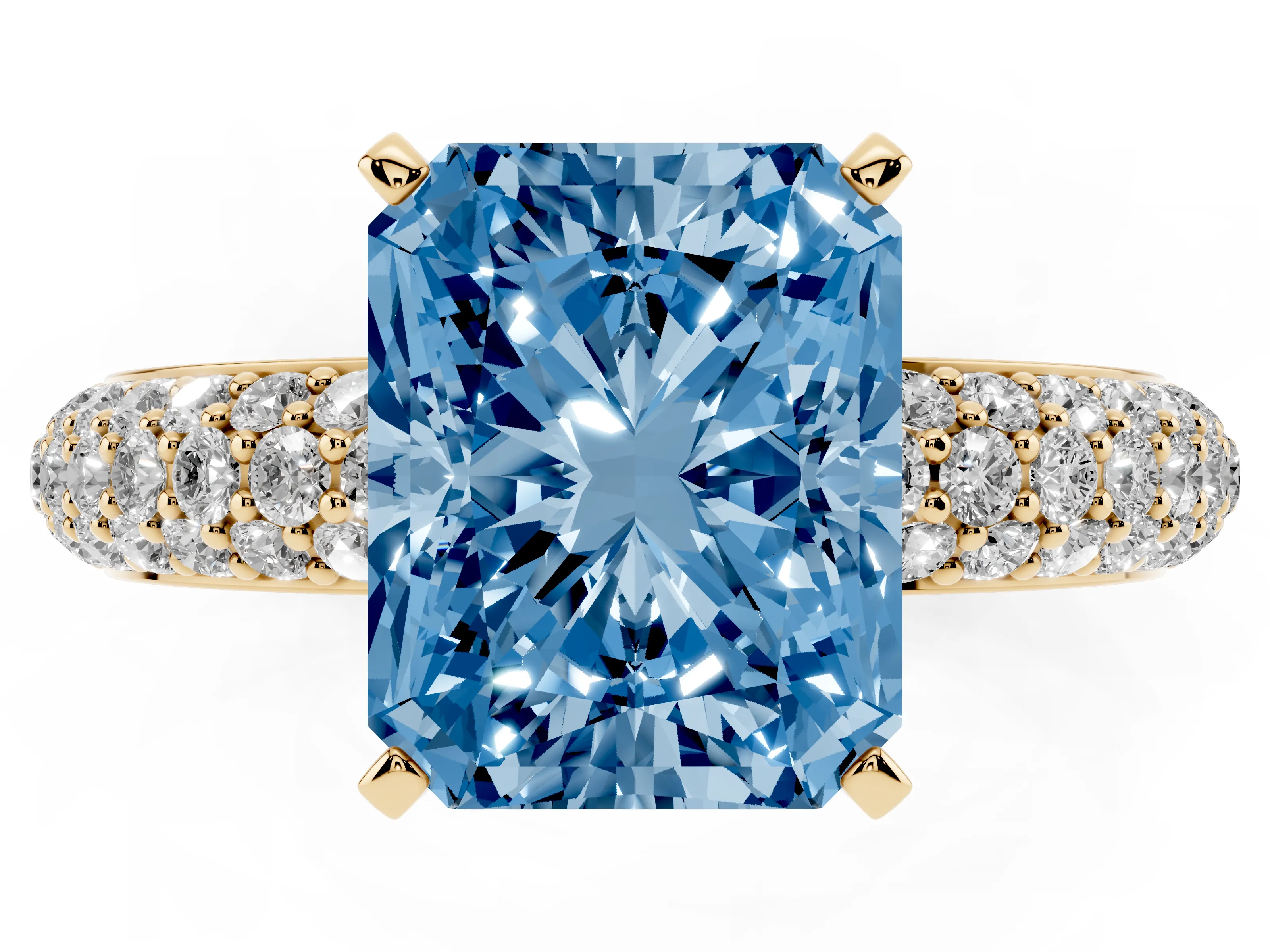 Fancy Blue Radiant Cut Diamond Solitaire Ring Set in Yellow gold with Prong Setting and Pavé-Set Band