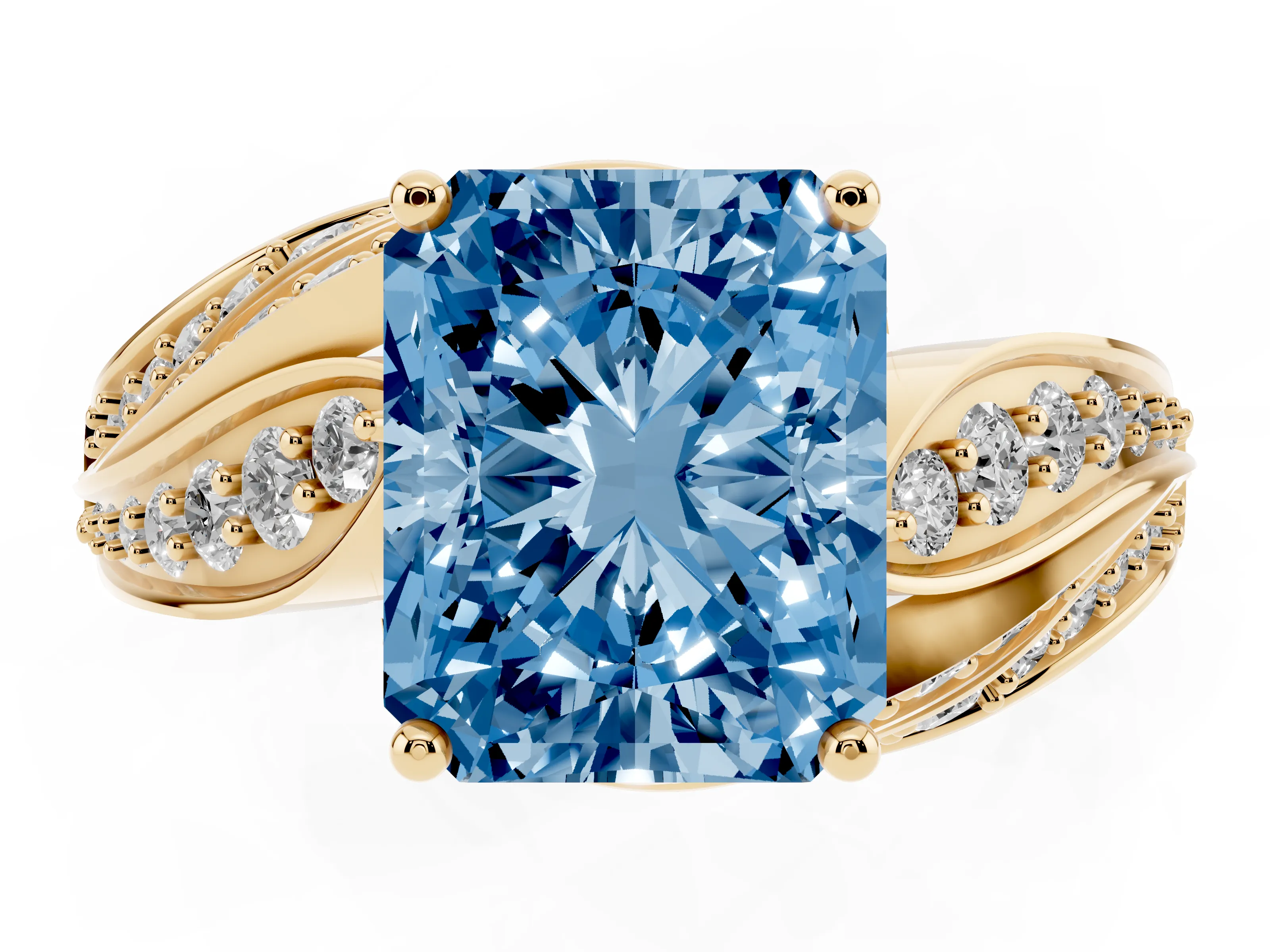 Fancy Blue Radiant Cut Diamond Solitaire Ring Set in Yellow gold with Layered Twist Pavé Band