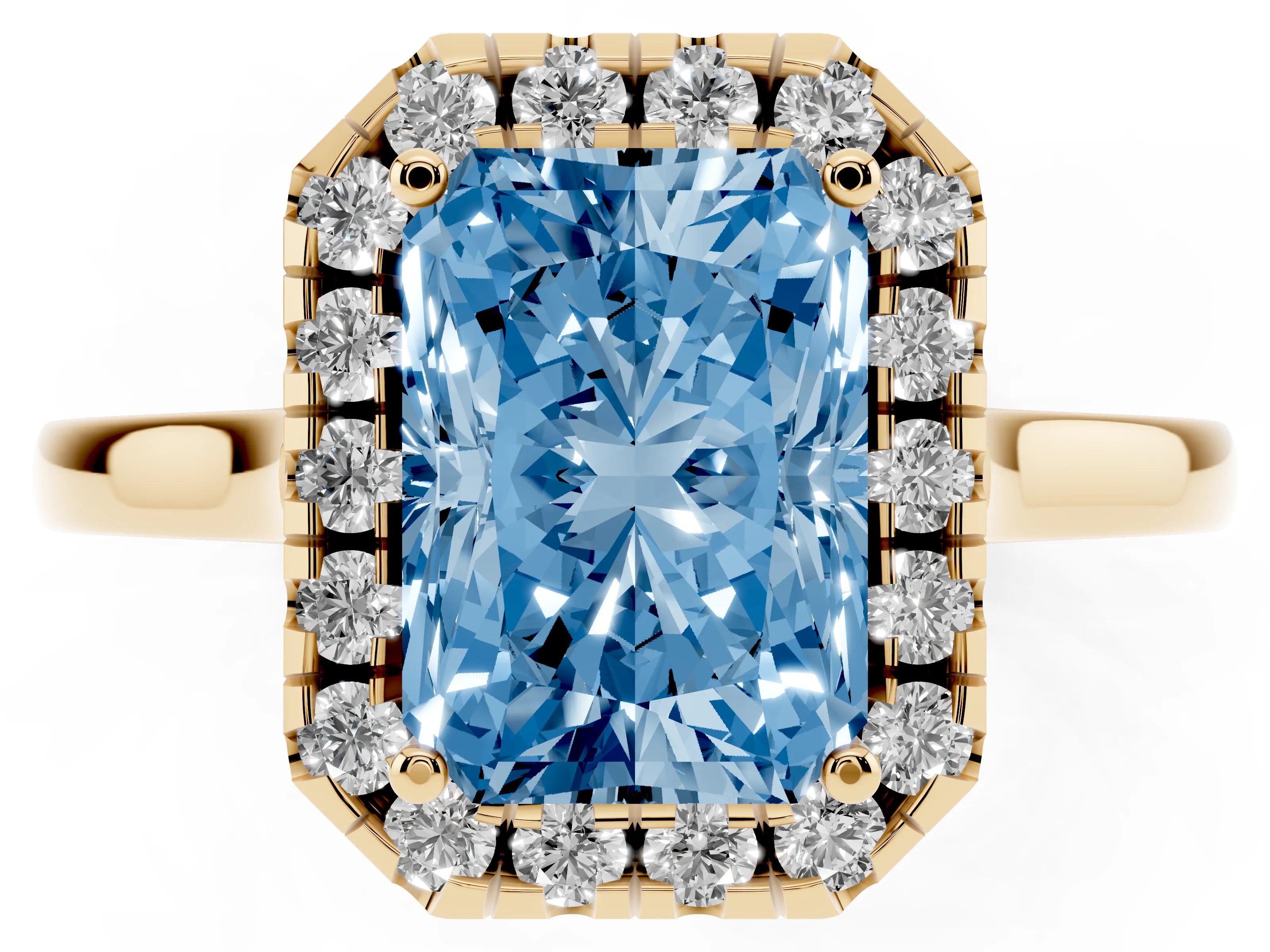 Fancy Blue Radiant Cut Halo Round Diamond Solitaire Ring Set in Yellow gold with Pavé Band and Prong Setting