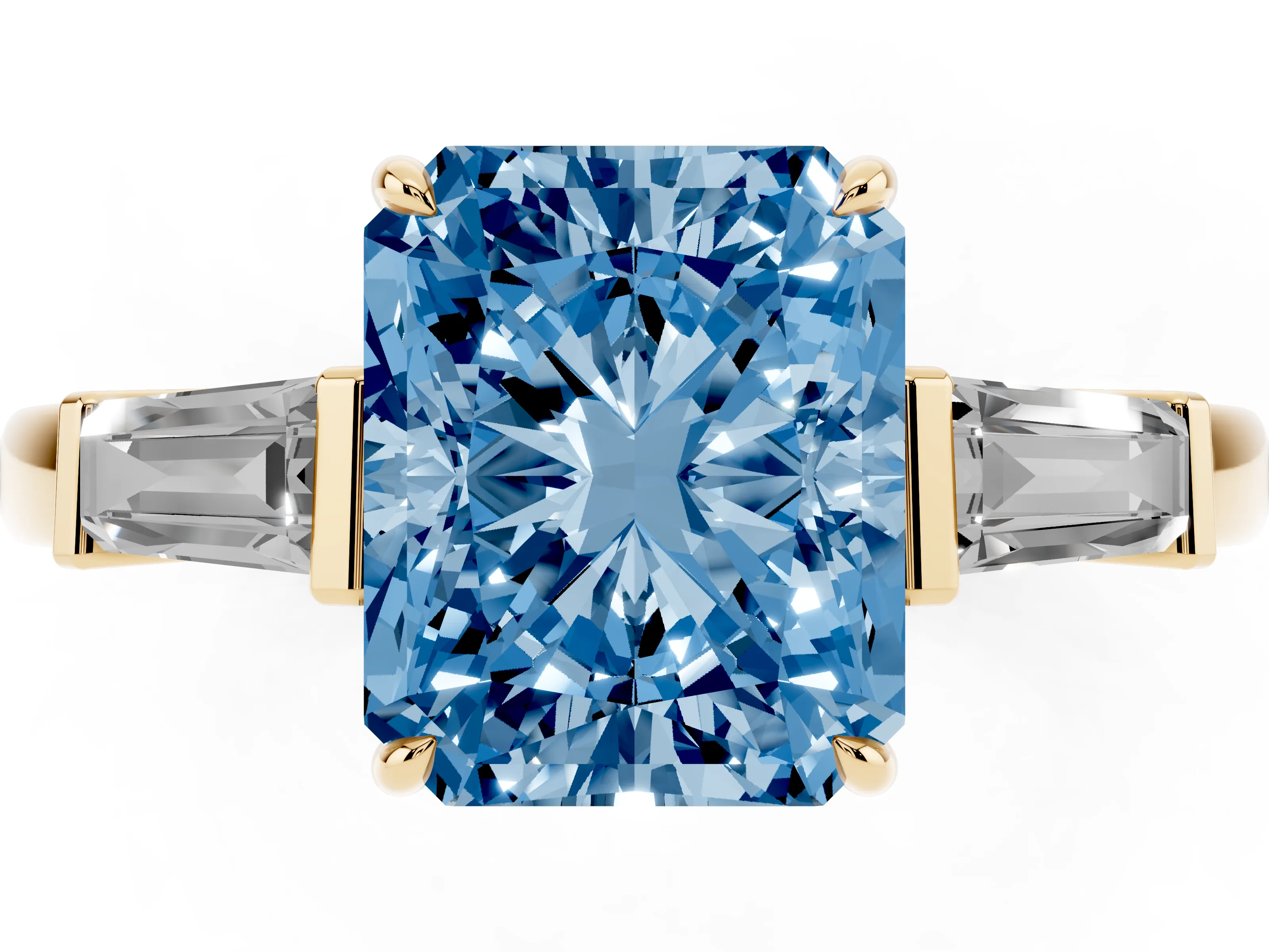 Fancy Blue Radiant Cut Diamond Three-Stone Ring Set in Yellow gold with Tapered Baguette Side Stones and Prong Setting