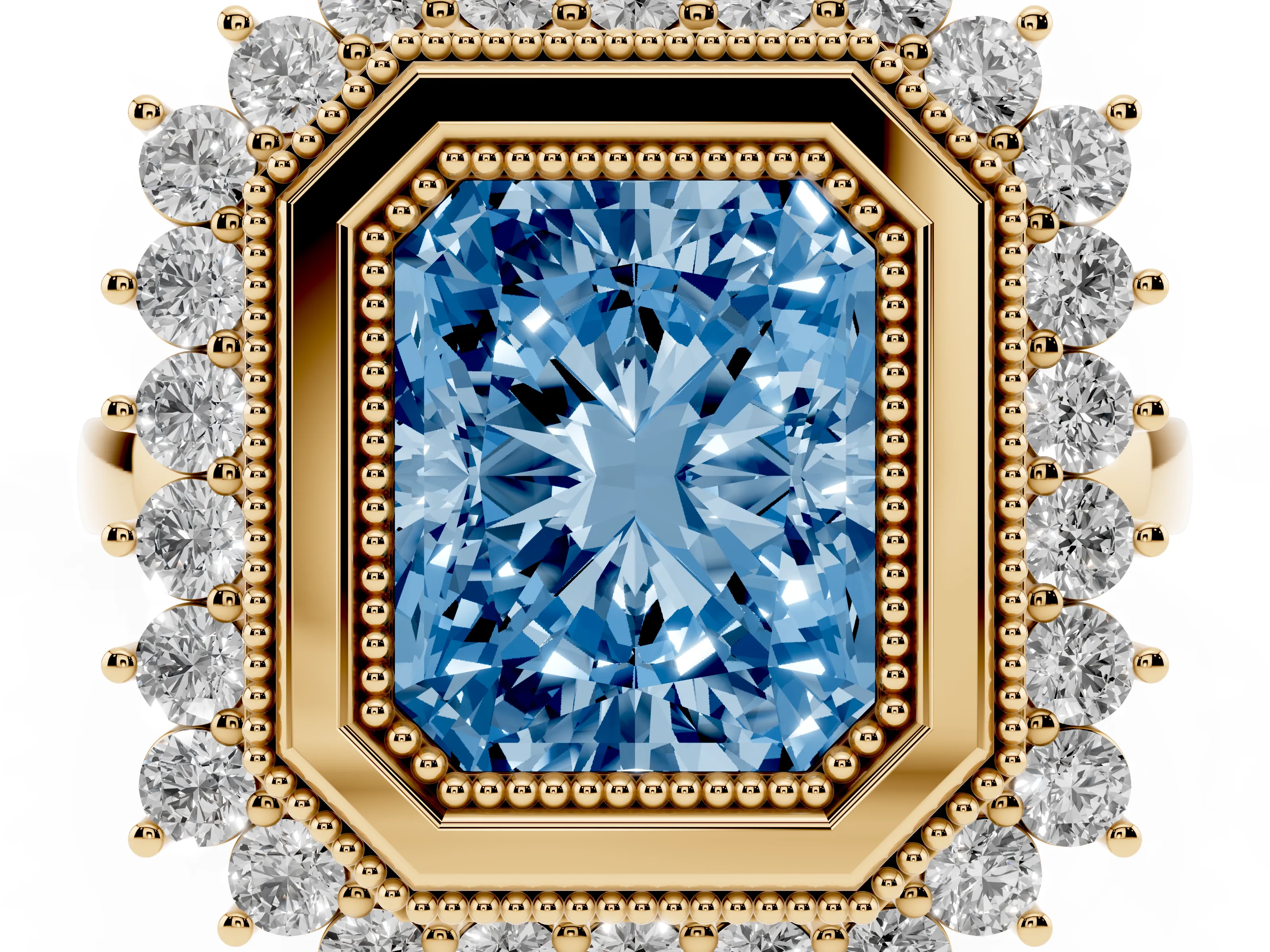 Fancy Blue Radiant Cut Diamond Halo Ring Set in Yellow gold with Milgrain Edge and Round Prong Setting