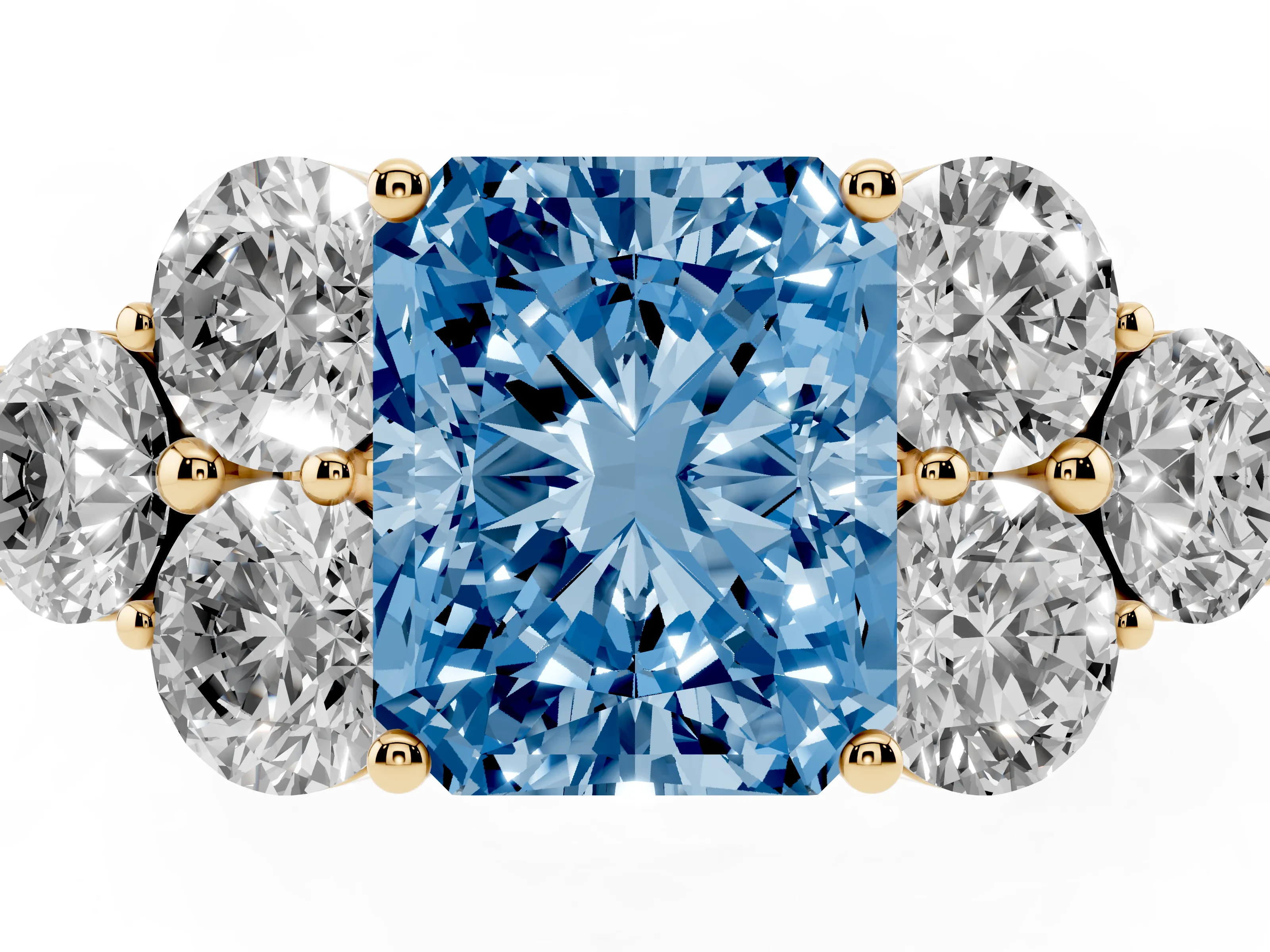Fancy Blue Radiant Cut Diamond Cluster Ring Set in Yellow gold with Round Accent Stones and Prong Setting on a Plain Band