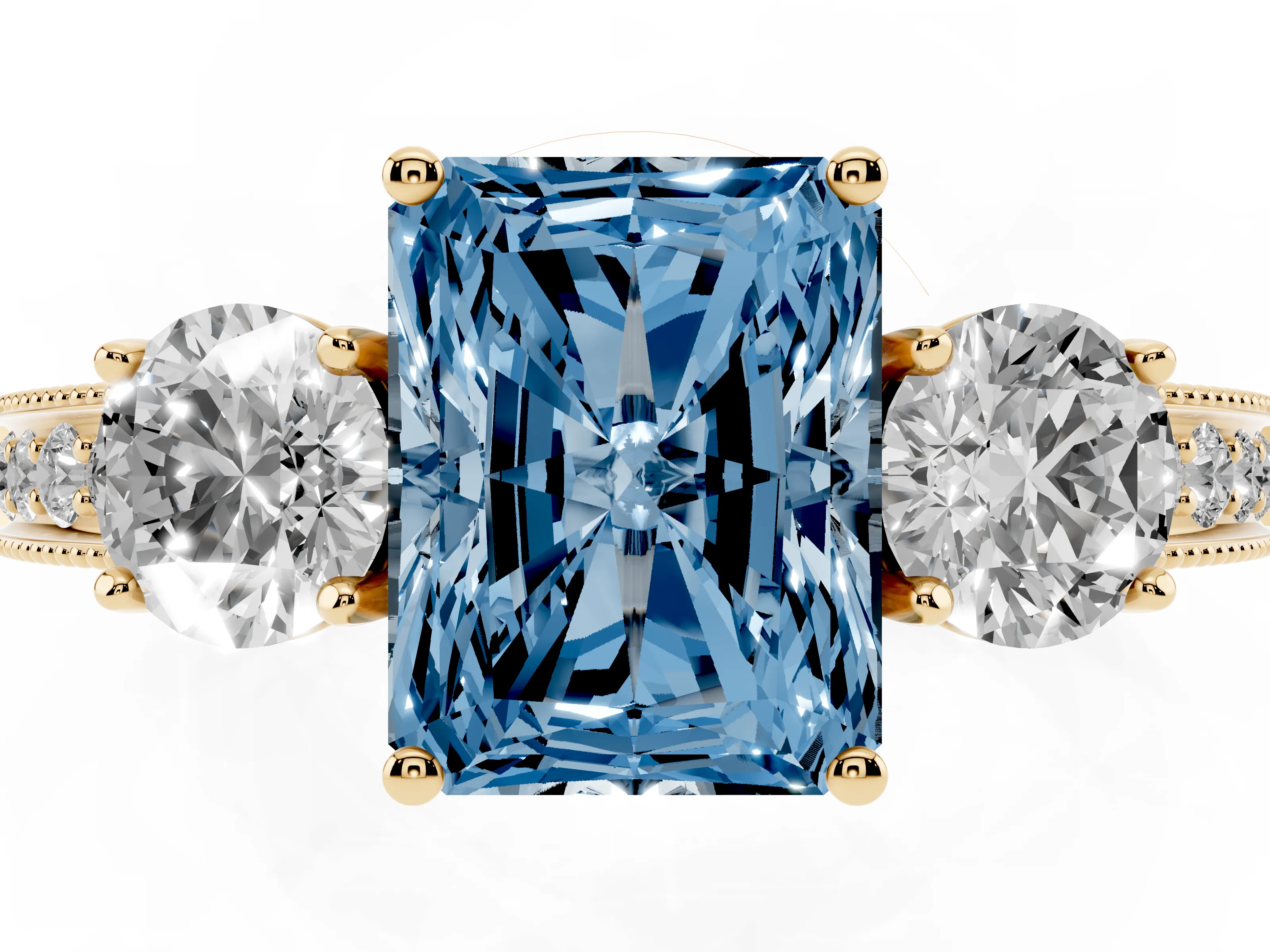 Fancy Blue Radiant Cut Diamond Three-Stone Ring Set in Yellow gold with Round Side Stones and Pavé Band