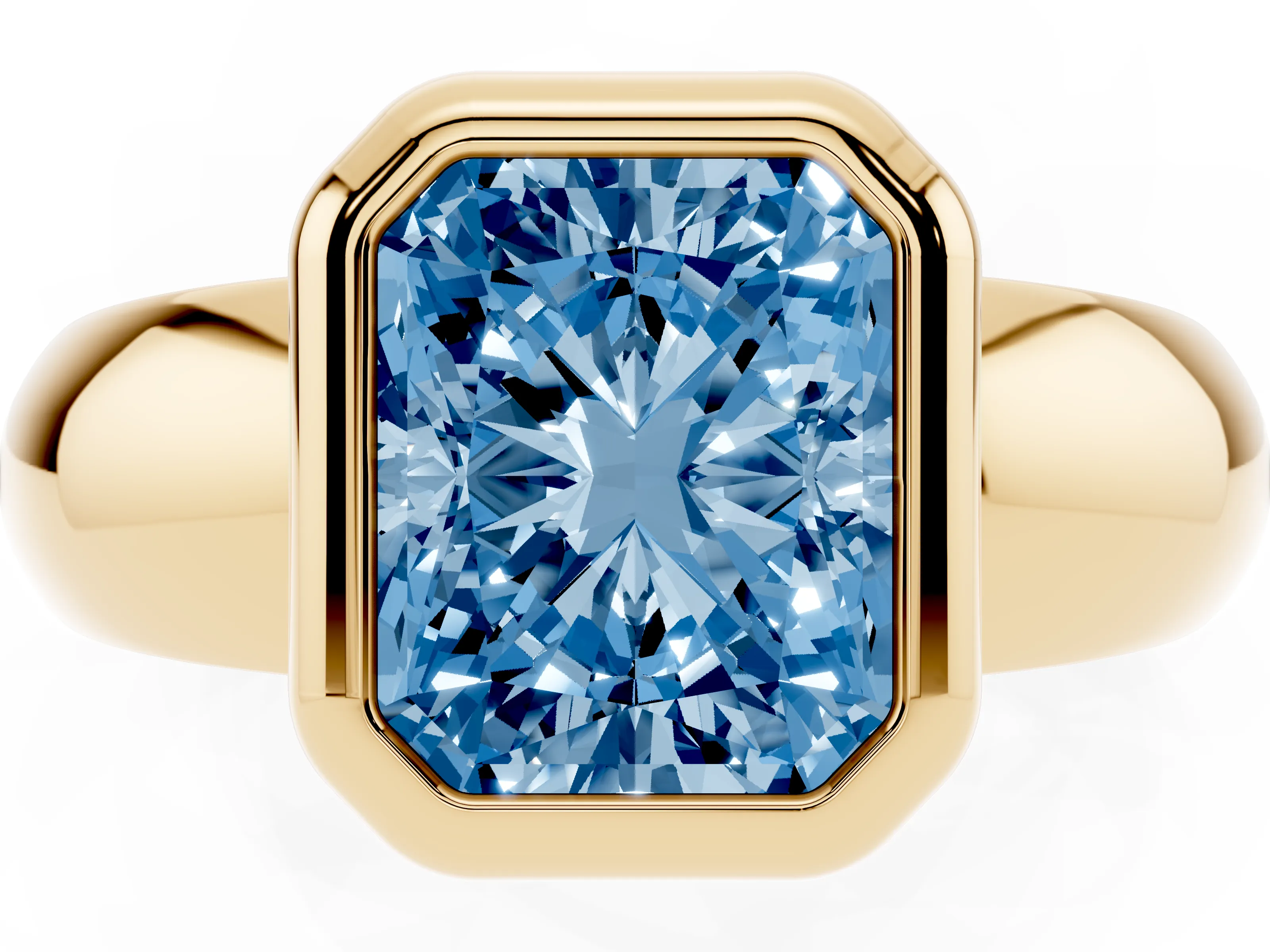 Fancy Blue Bezel Set Radiant Cut Diamond Solitaire Ring Set in Yellow gold with Wide Band