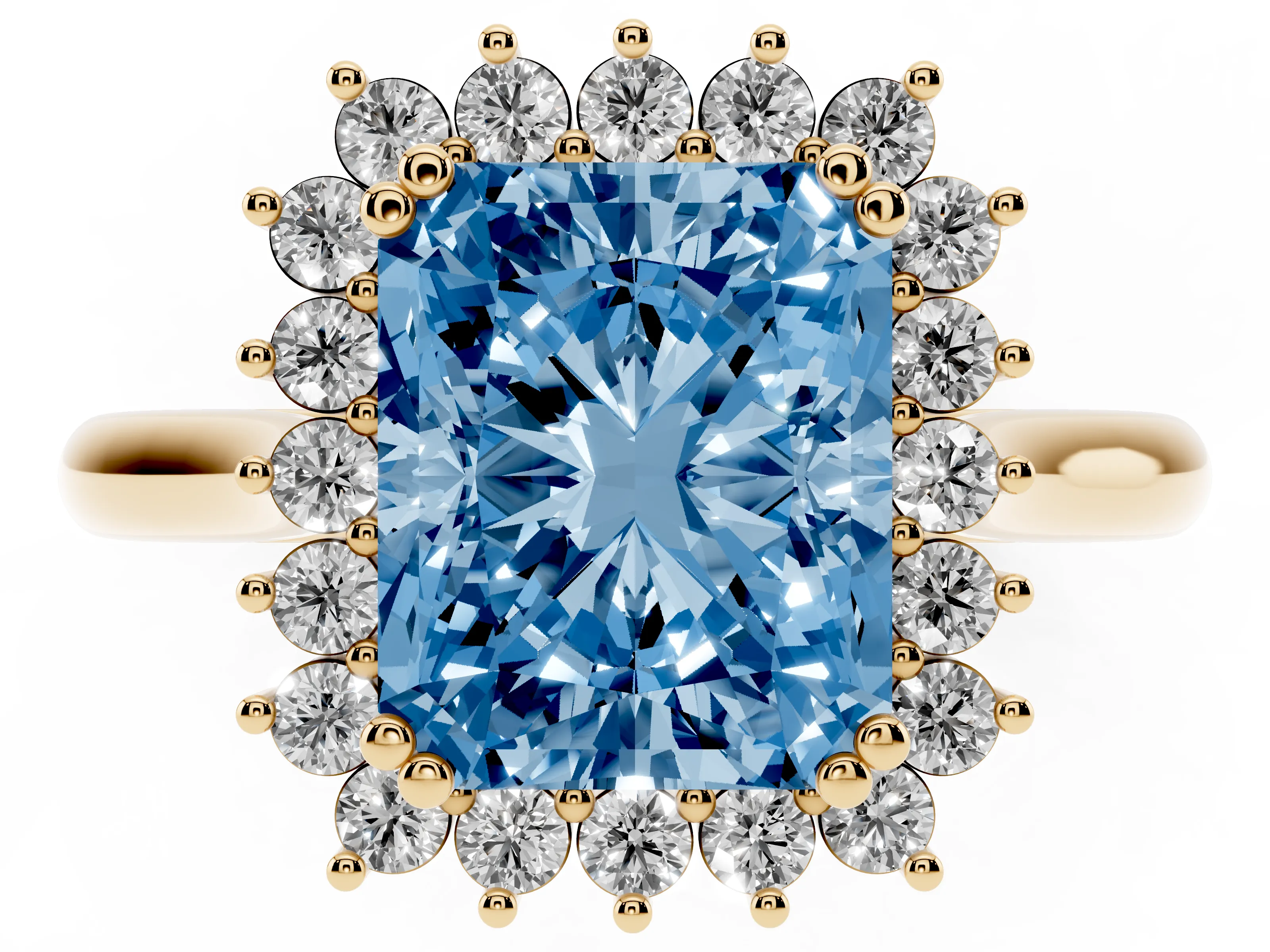 Fancy Blue Radiant Cut Diamond Halo Ring Set in Yellow gold with Plain Solitaire Band and Prong Setting