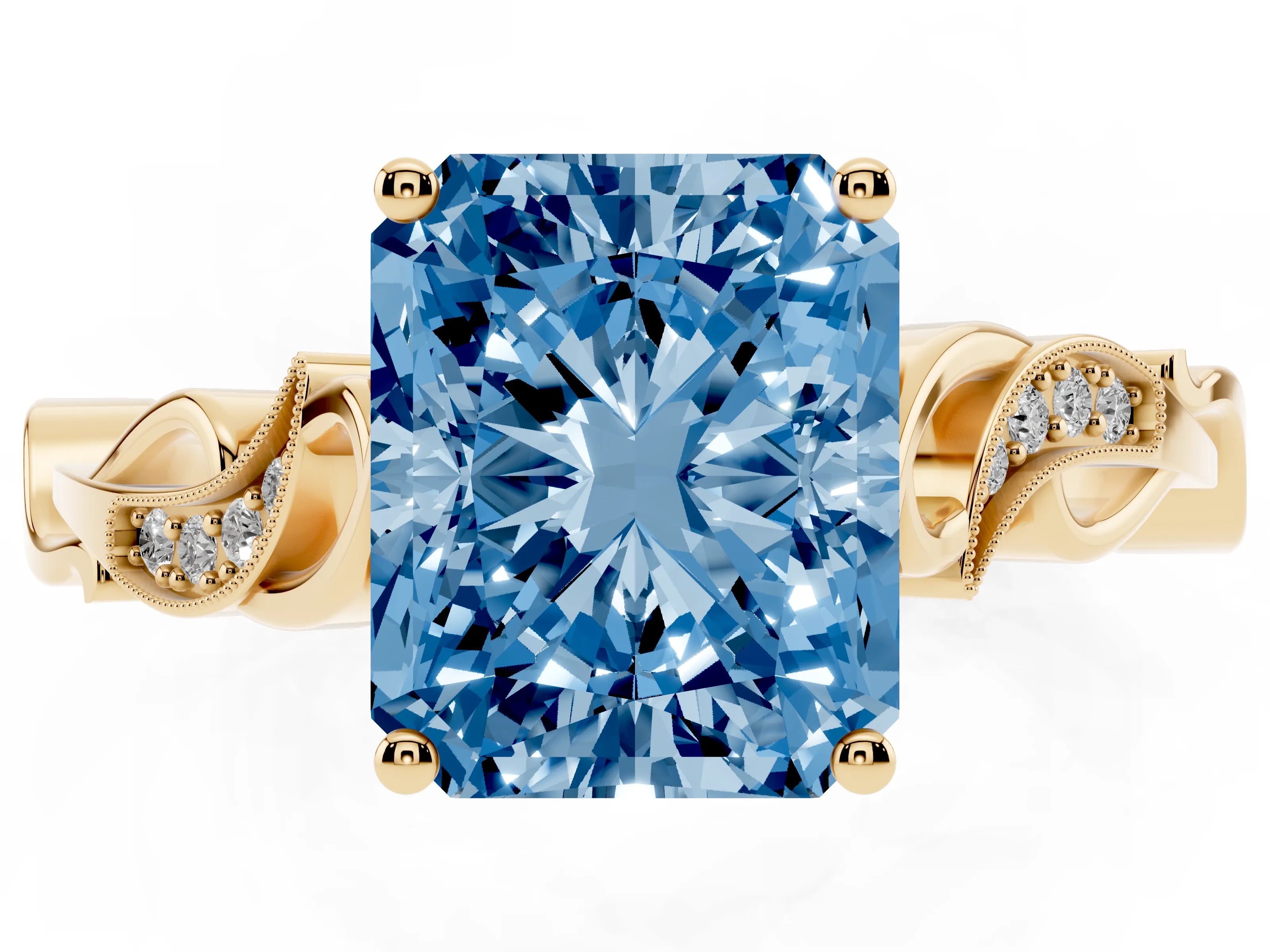 Fancy Blue Radiant Cut Diamond Vine Band Solitaire Ring Set in Yellow gold with Milgrain Prong Setting