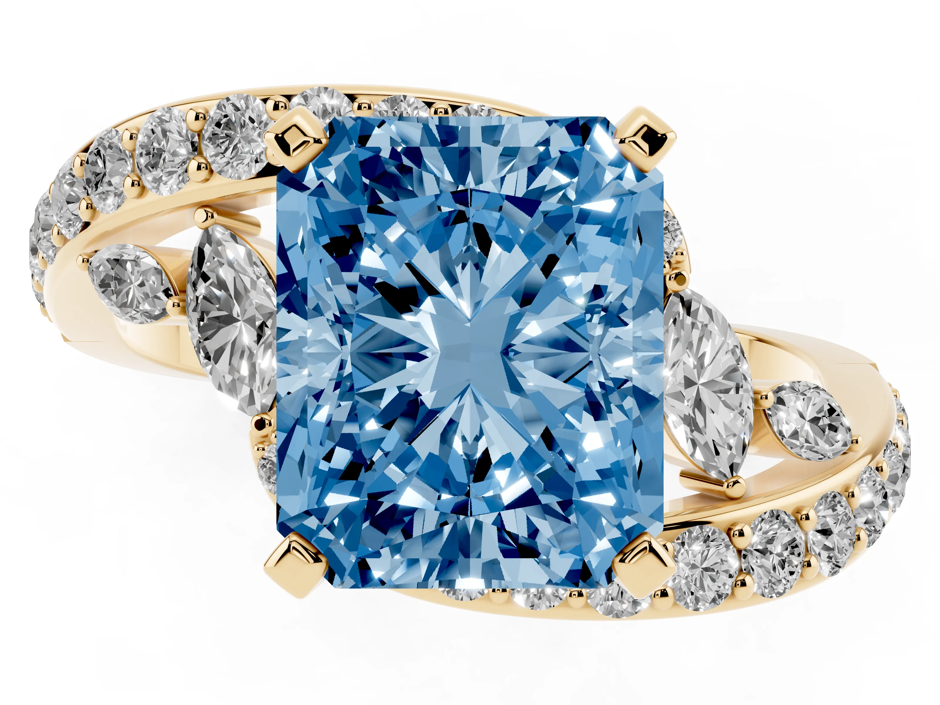 Fancy Blue Radiant Cut Diamond Solitaire Ring Set in Yellow gold with Pavé Twist Band and Secure Prong Setting