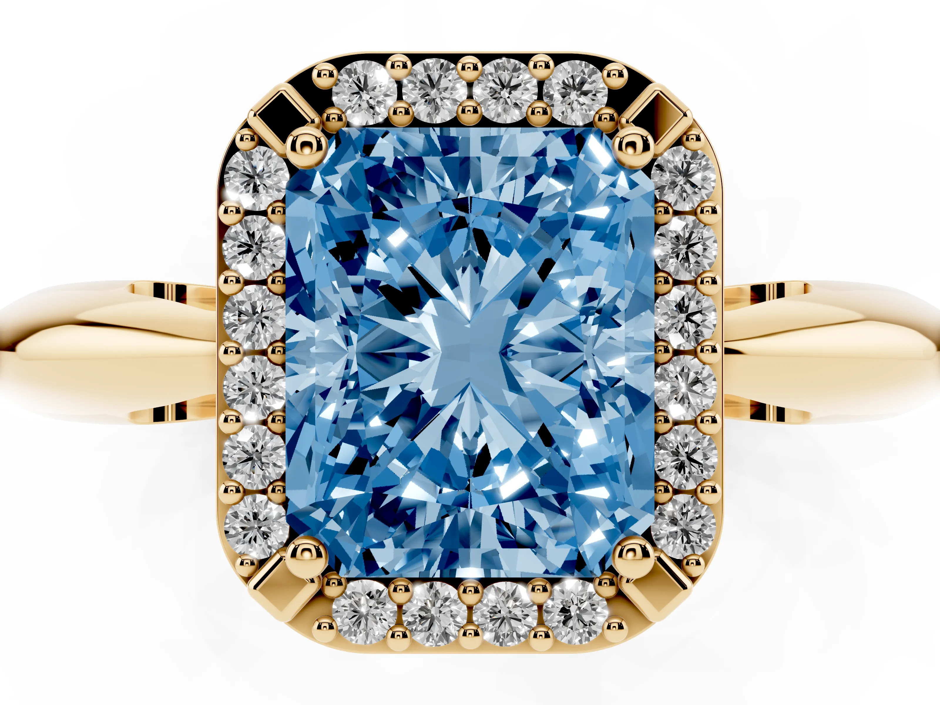 Fancy Blue Radiant Cut Diamond Halo Engagement Ring Set in Yellow gold with Plain Split Shank and Prong Setting