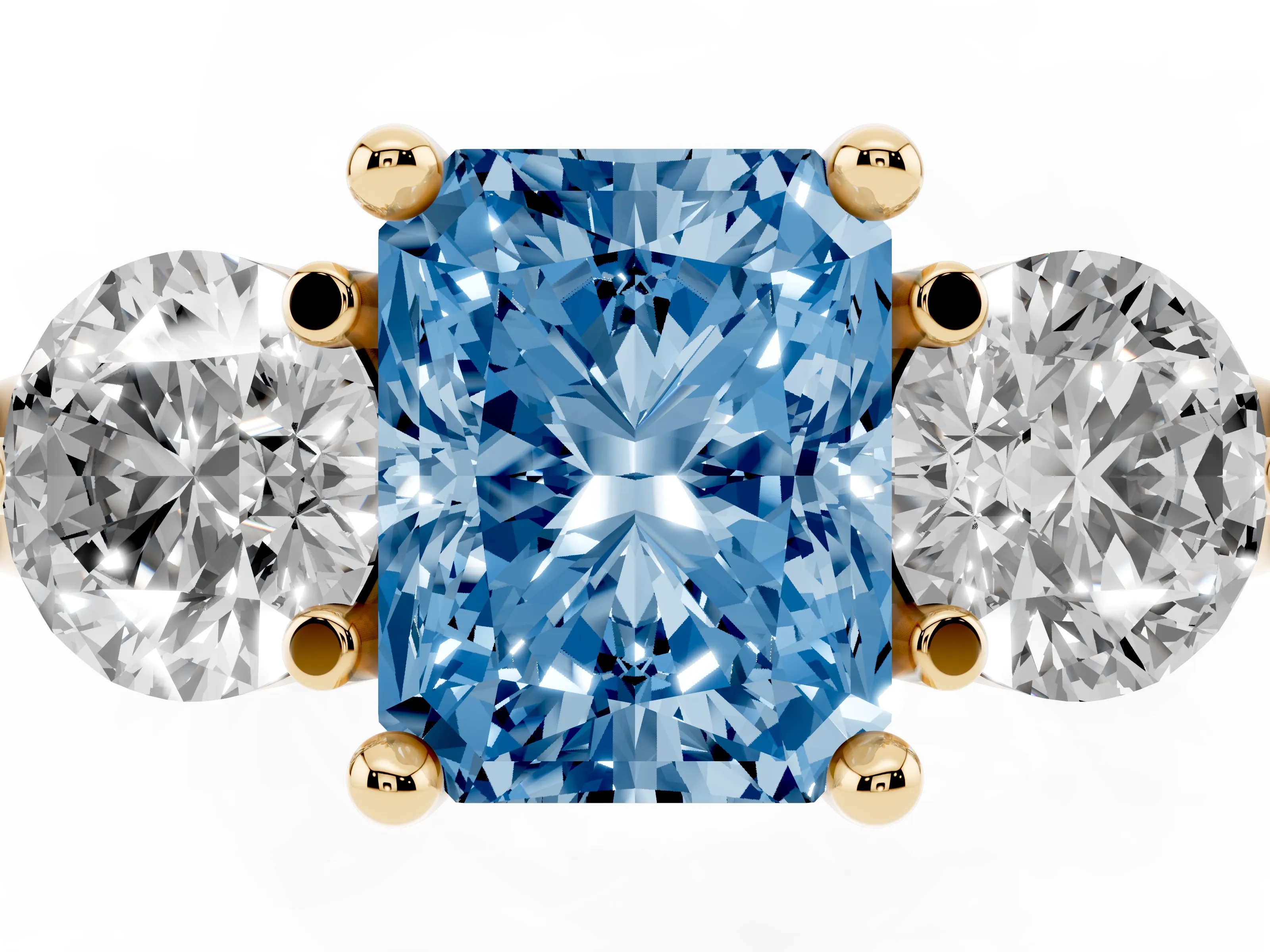 Fancy Blue Radiant Cut Diamond Three-Stone Ring Set in Yellow gold with Prong Setting and Classic Band
