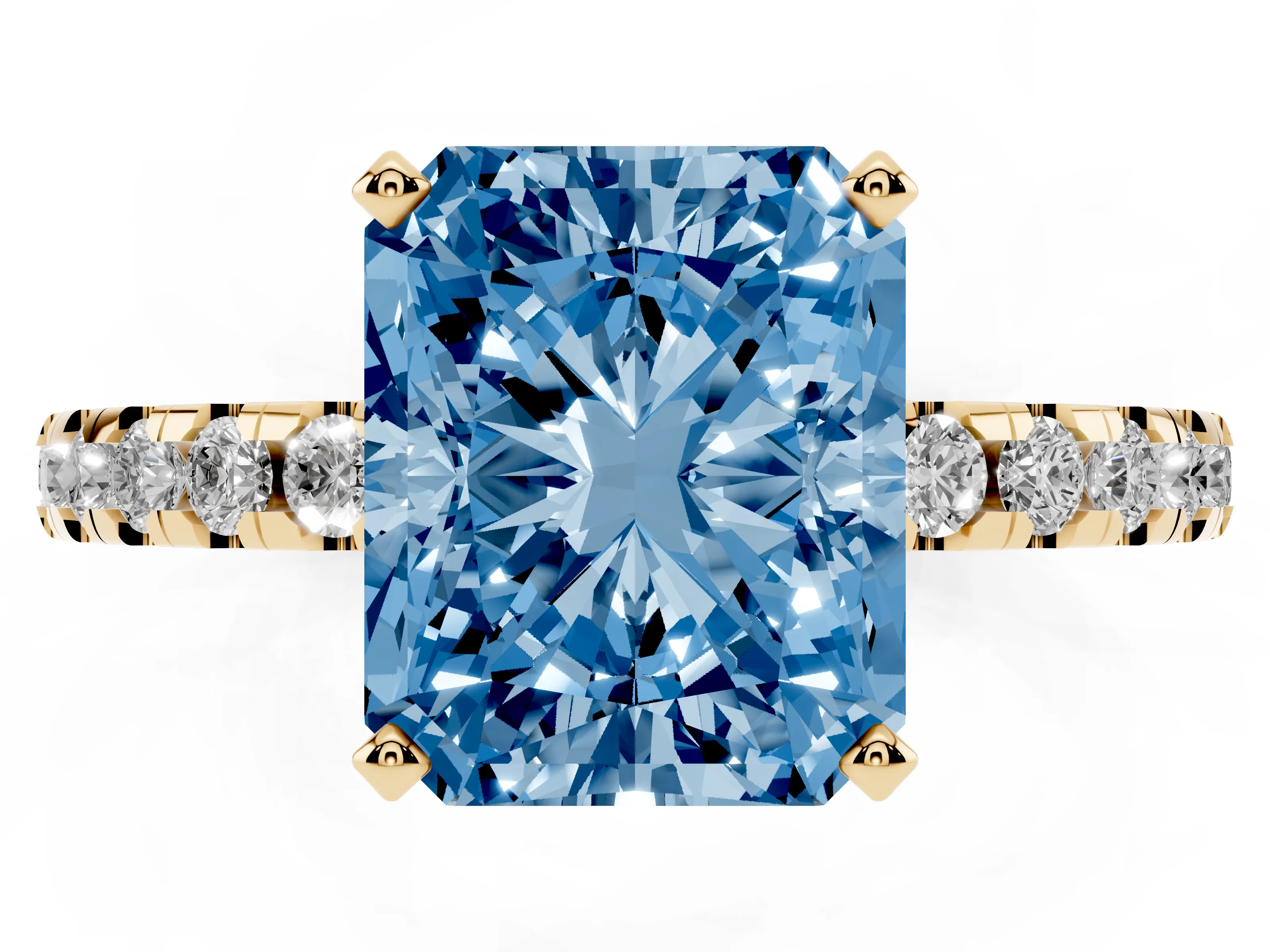 Fancy Blue Radiant Cut Diamond Pavé Solitaire Ring Set in Yellow gold with Round Band Accents and Prong Setting
