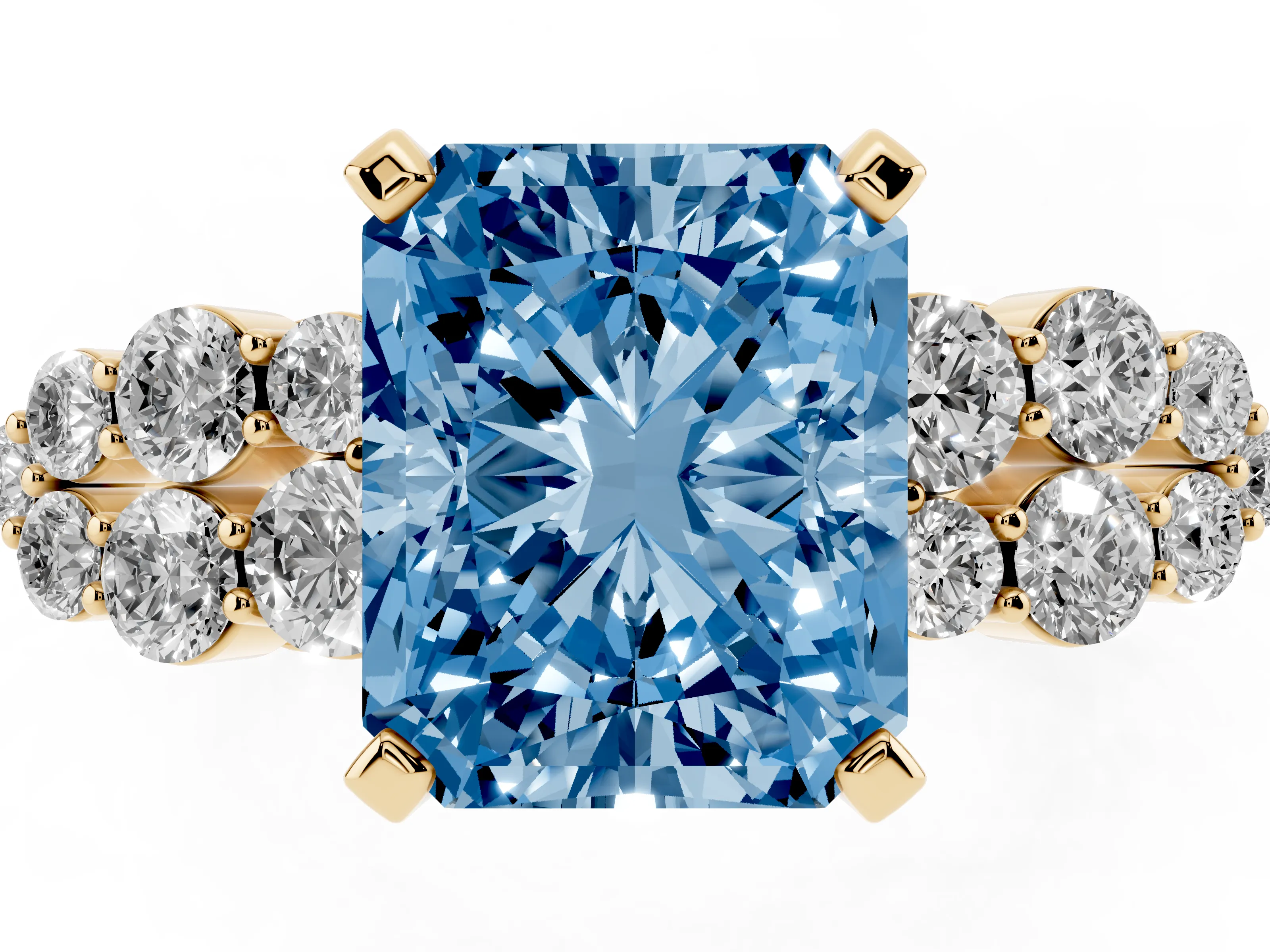 Fancy Blue Radiant Cut Diamond Cluster Engagement Ring Set in Yellow gold with Pavé Band and Prong Setting