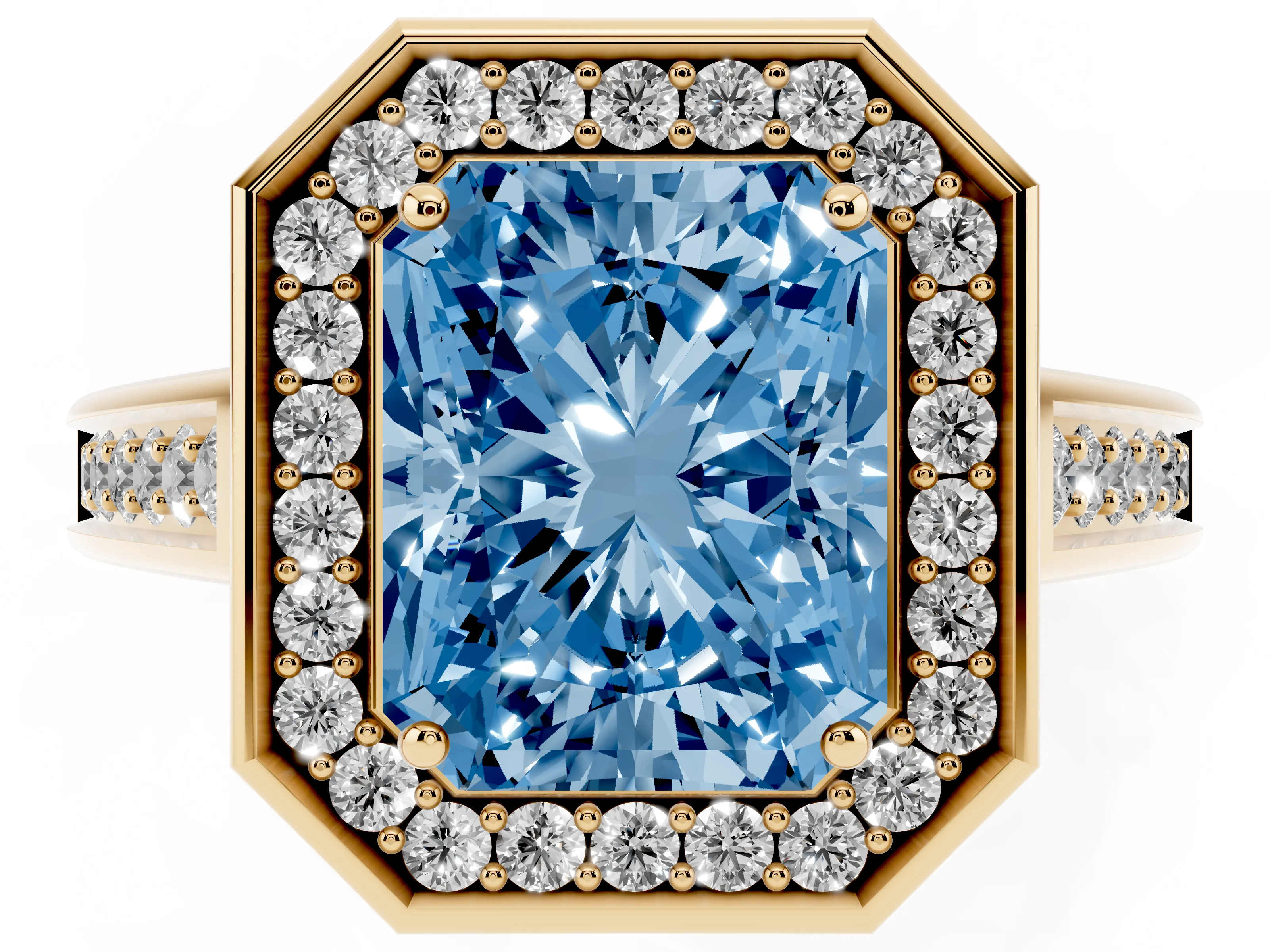 Fancy Blue Radiant Cut Diamond Halo Solitaire Ring Set in Yellow gold with Pavé Band and Bezel Setting