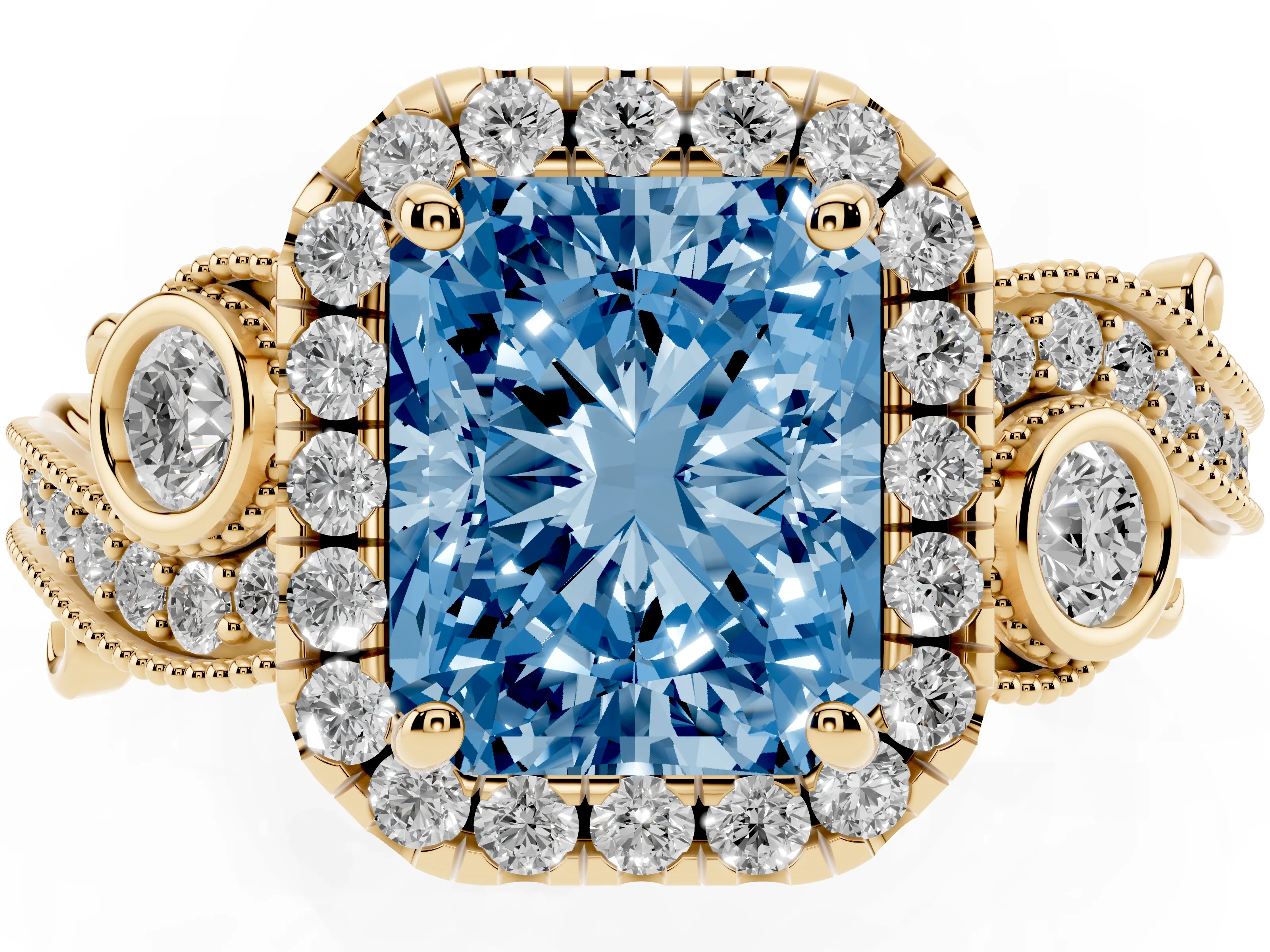 Fancy Blue Radiant Cut Diamond Halo Ring Set in Yellow gold with Milgrain Pavé Band and Prong Setting