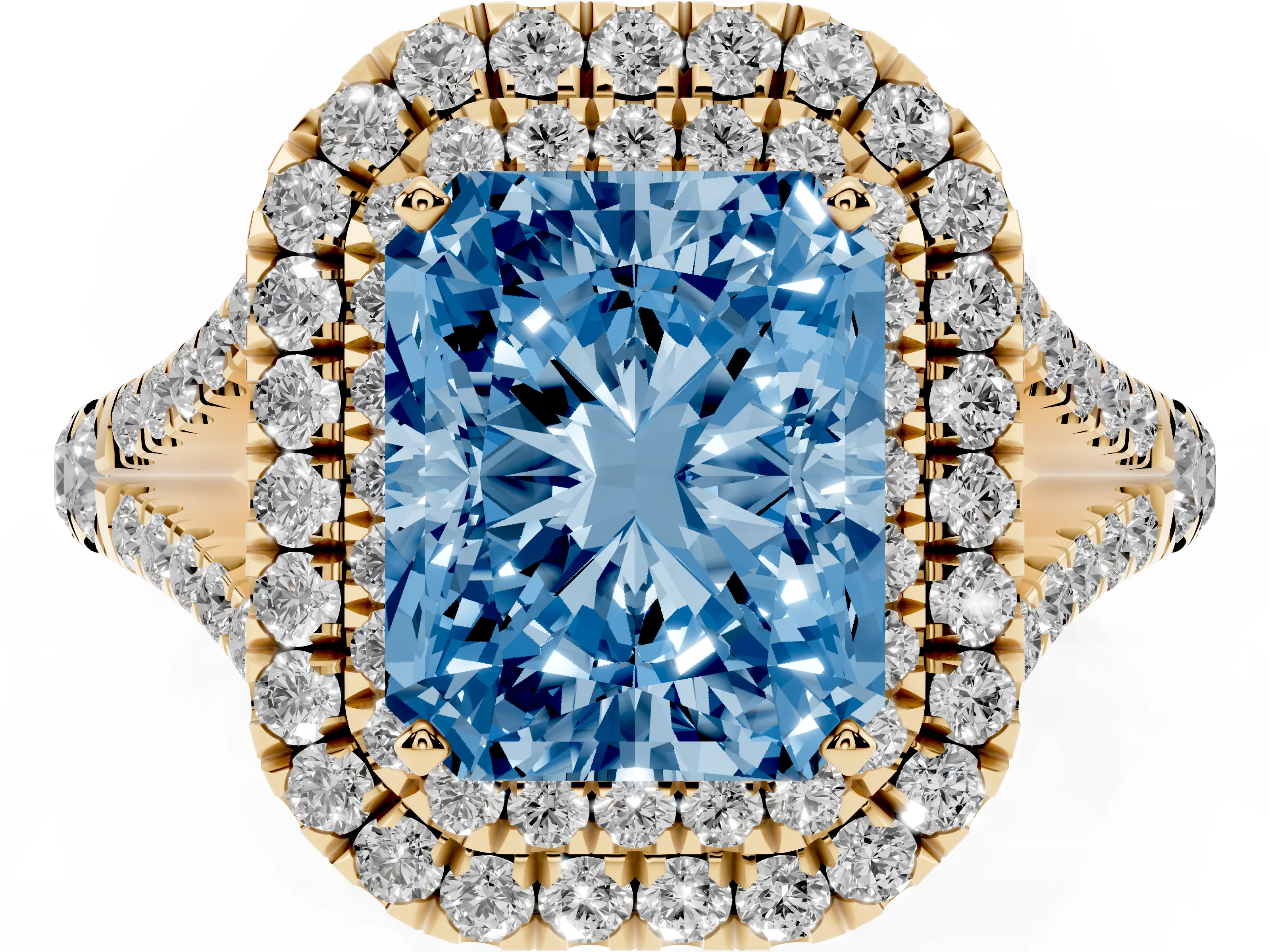Fancy Blue Radiant Cut Diamond Pavé Split Shank Double Halo Engagement Ring Set in Yellow gold