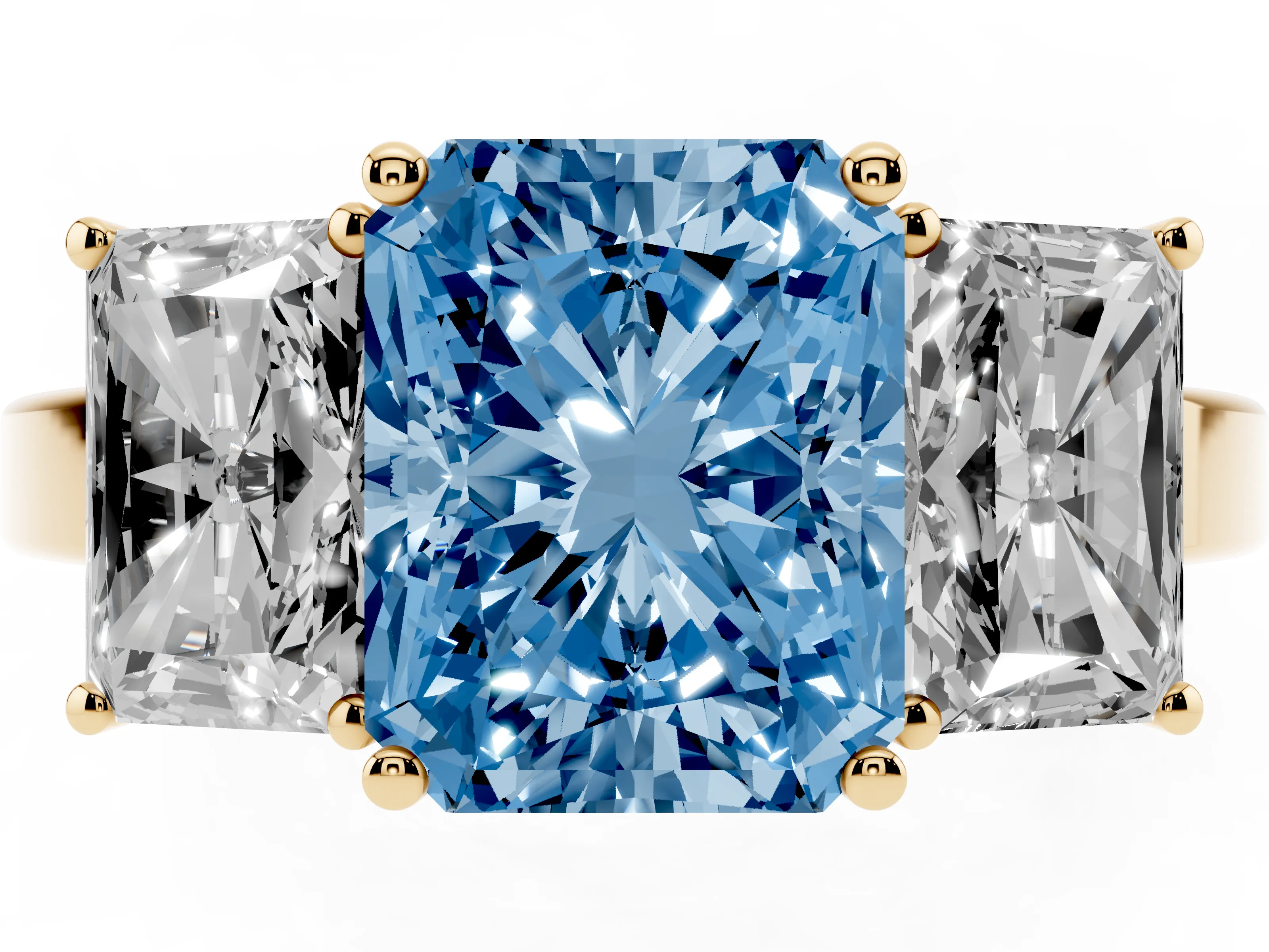 Fancy Blue Radiant Cut Diamond Three-Stone Engagement Ring Set in Yellow gold with Flat Band